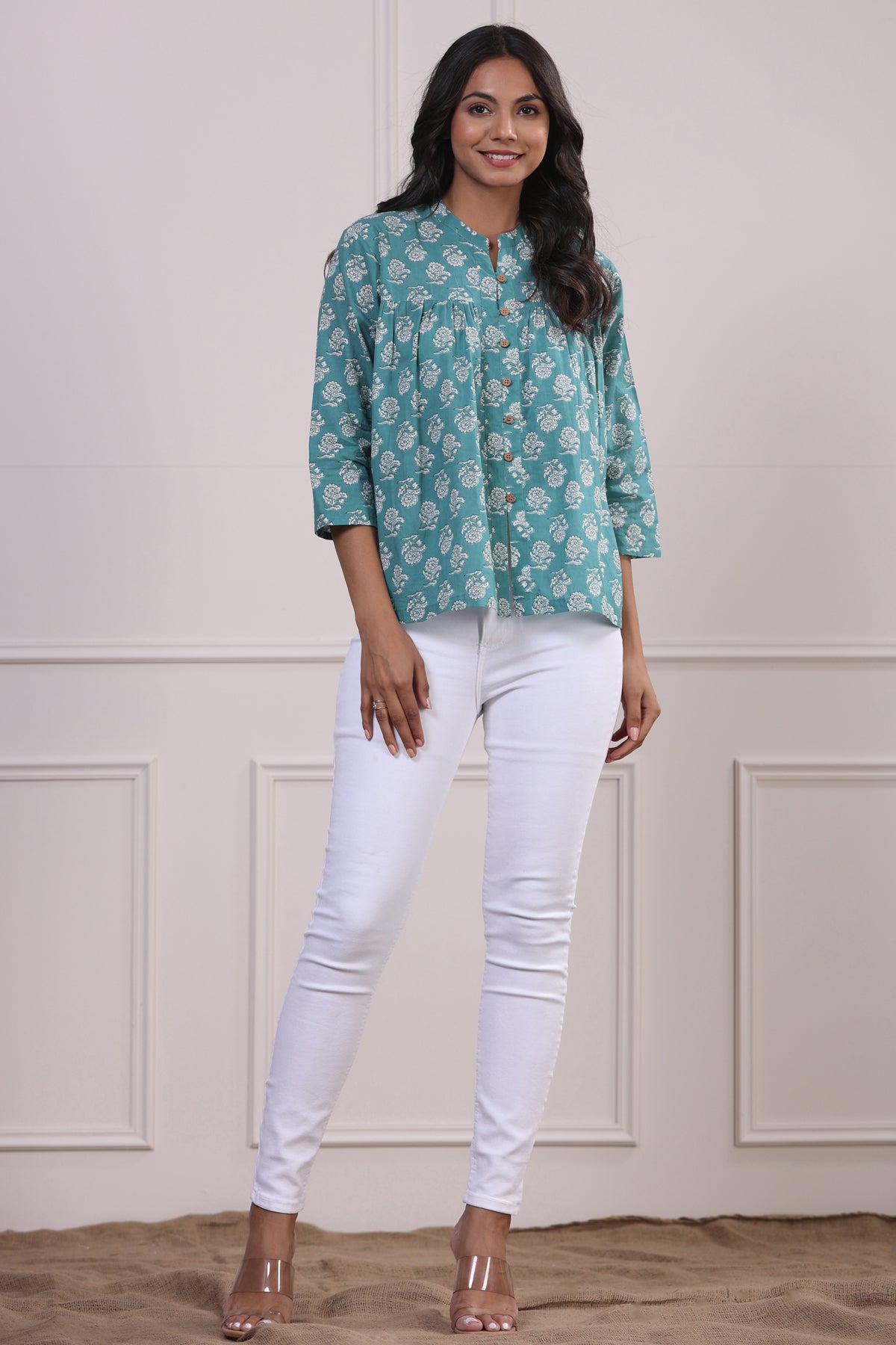 Roses on Sea Green Cotton Short Kurti