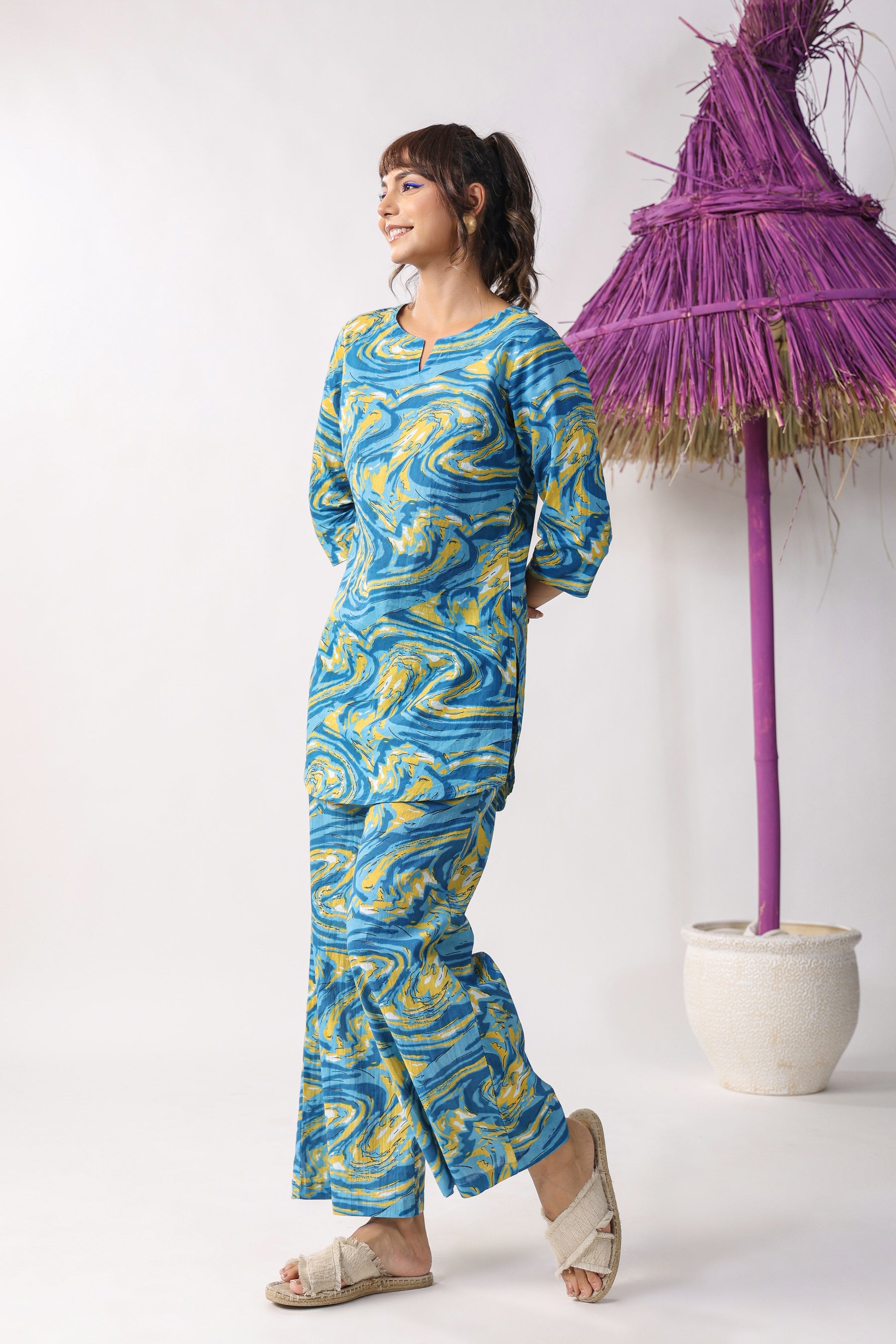 Marble Print Blue Cotton Palazzo Loungewear Set