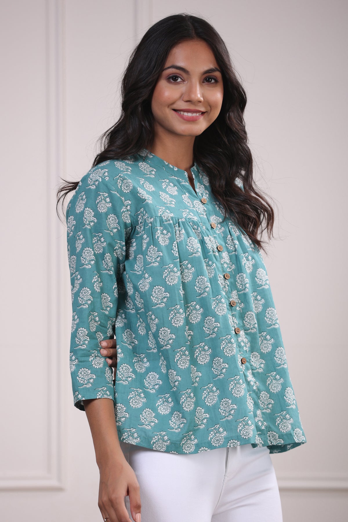 Roses on Sea Green Cotton Short Kurti