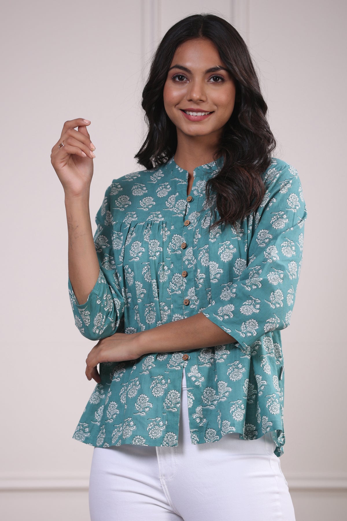 Roses on Sea Green Cotton Short Kurti