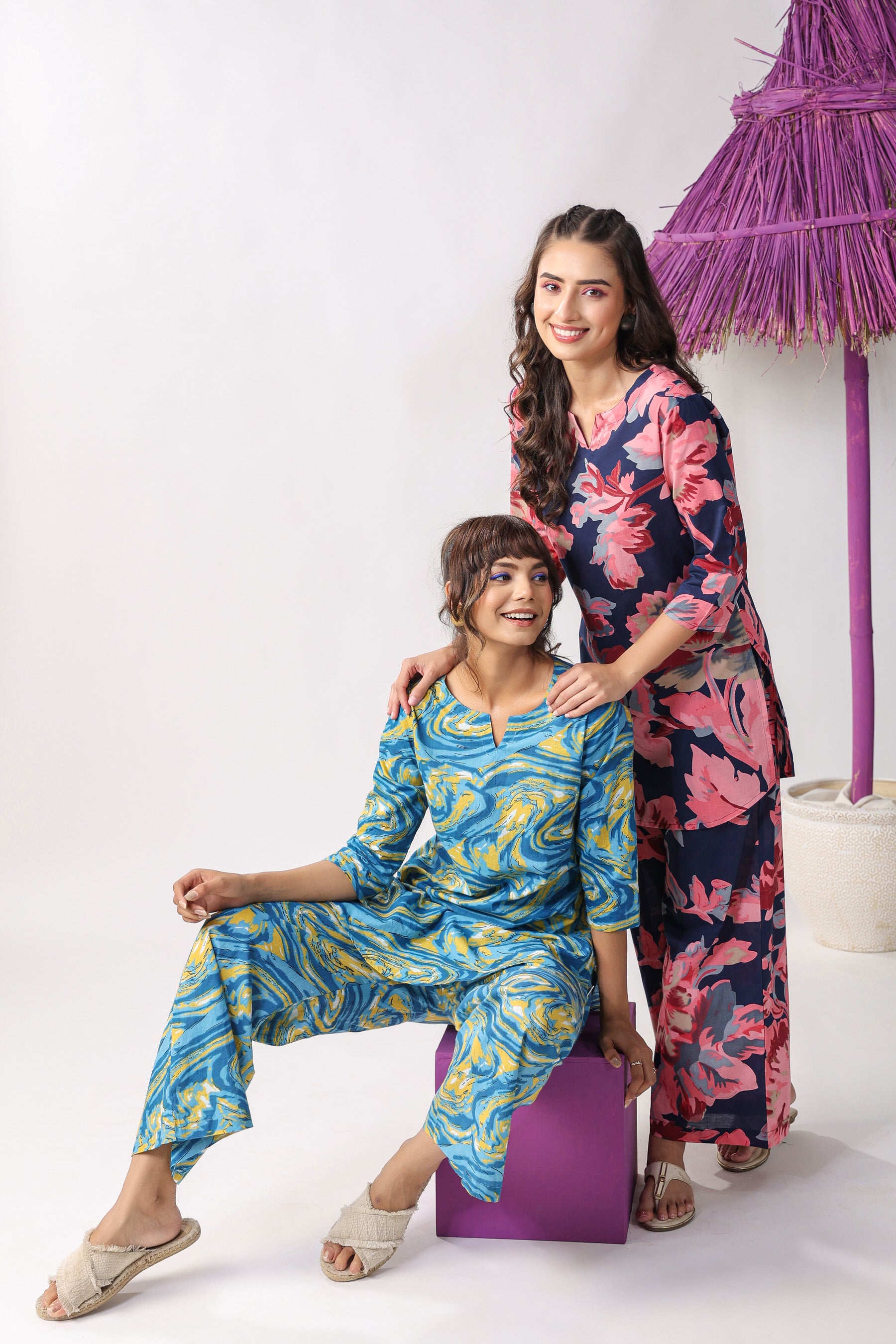 Marble Print Blue Cotton Palazzo Loungewear Set