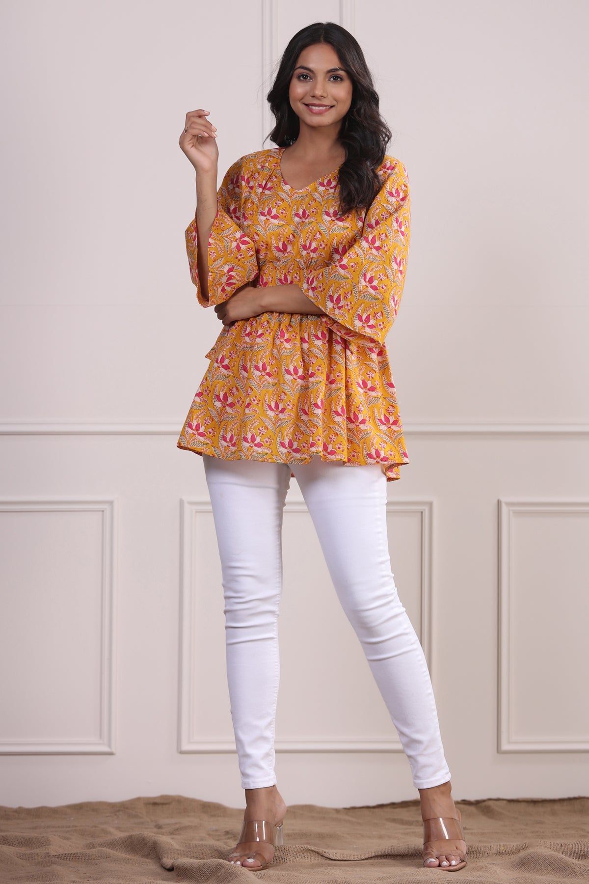 Saffron Print Cotton Short Kurti