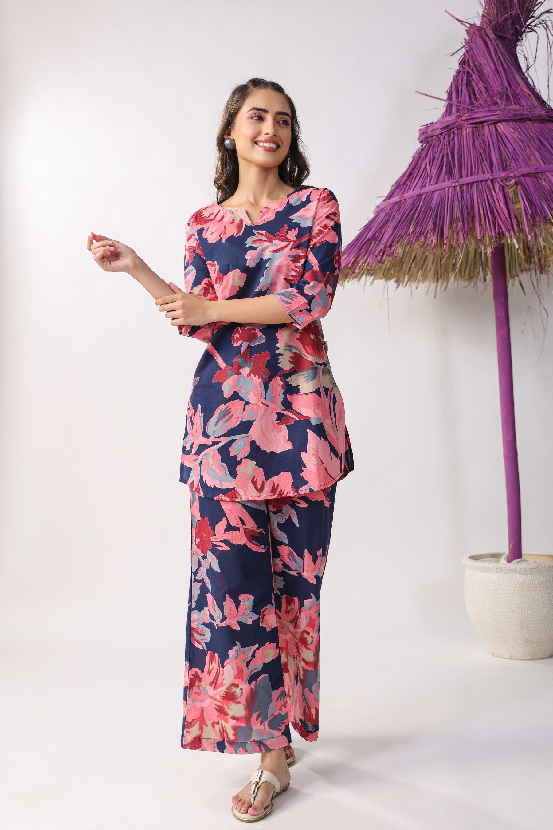 Blue Floral Cotton Palazzo Loungewear Set