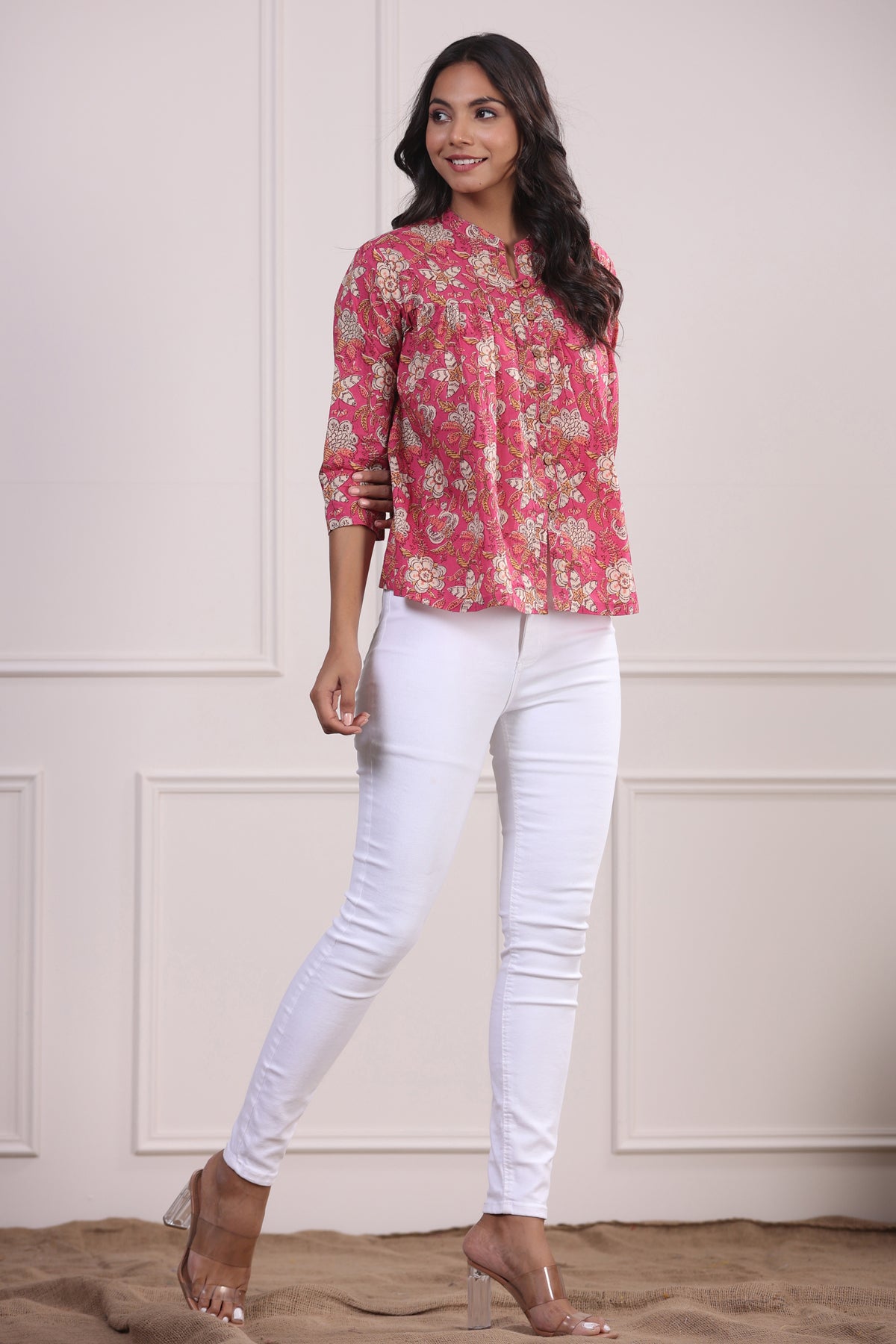 Floral Jaal on Pink Cotton Top