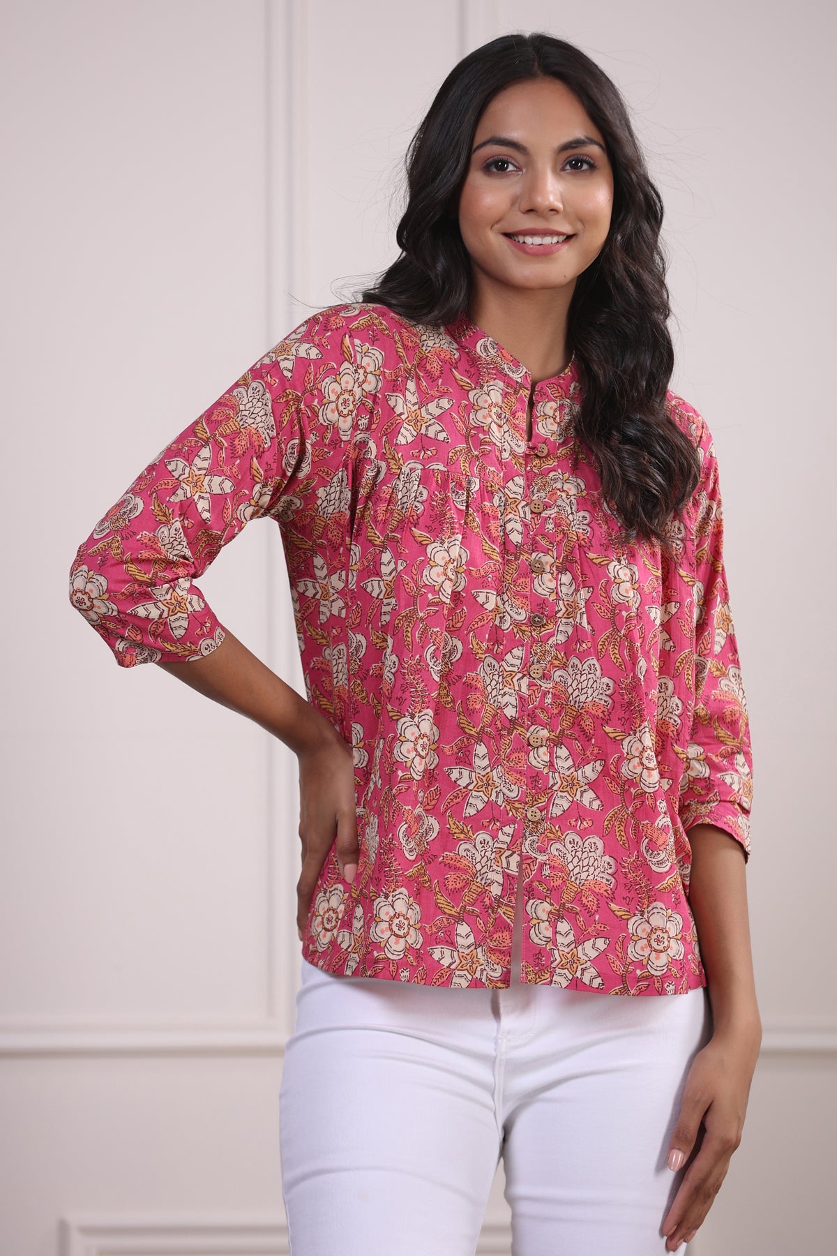 Floral Jaal on Pink Cotton Top