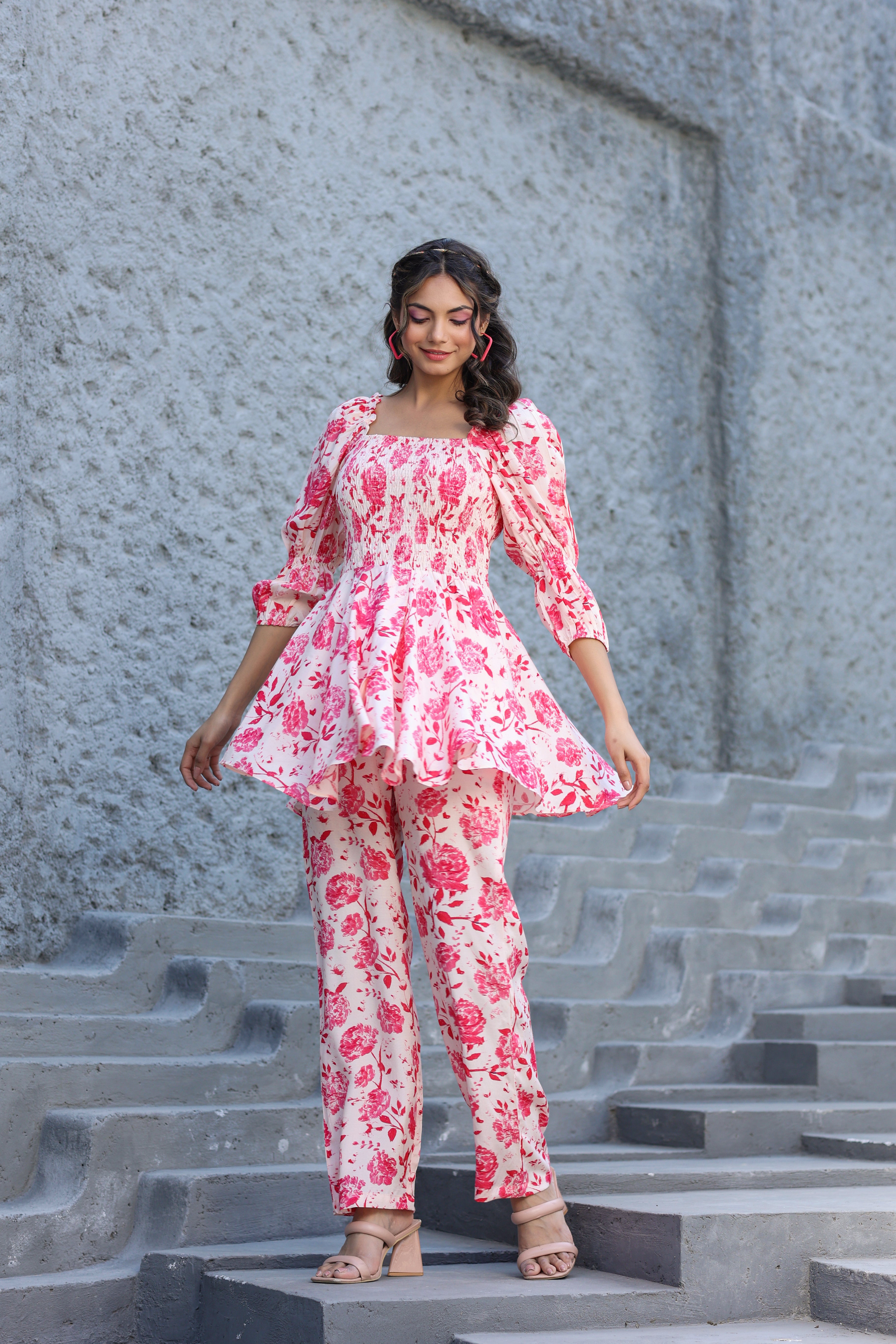 Roses on Smocked Silk Co ord Set