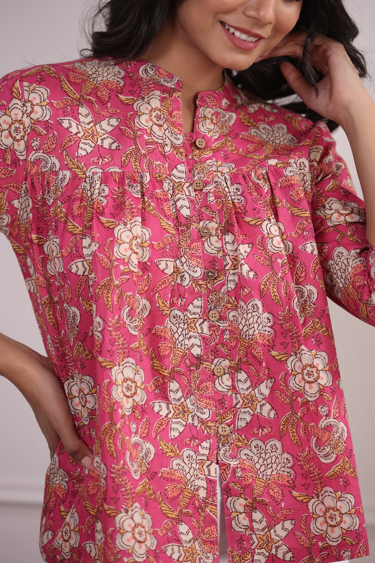 Floral Jaal on Pink Cotton Top