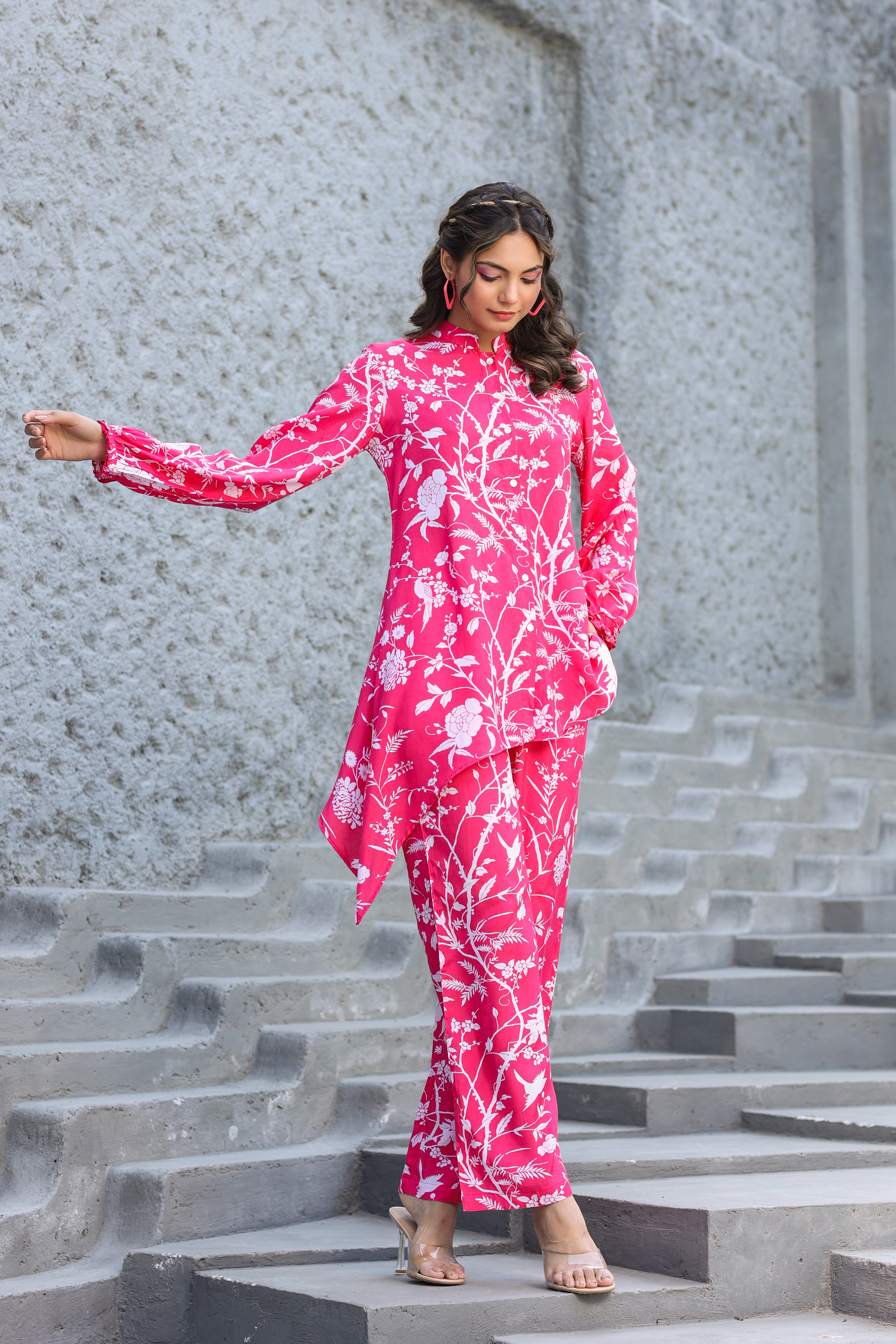 White Jaal On Pink Silk Co-ord Set