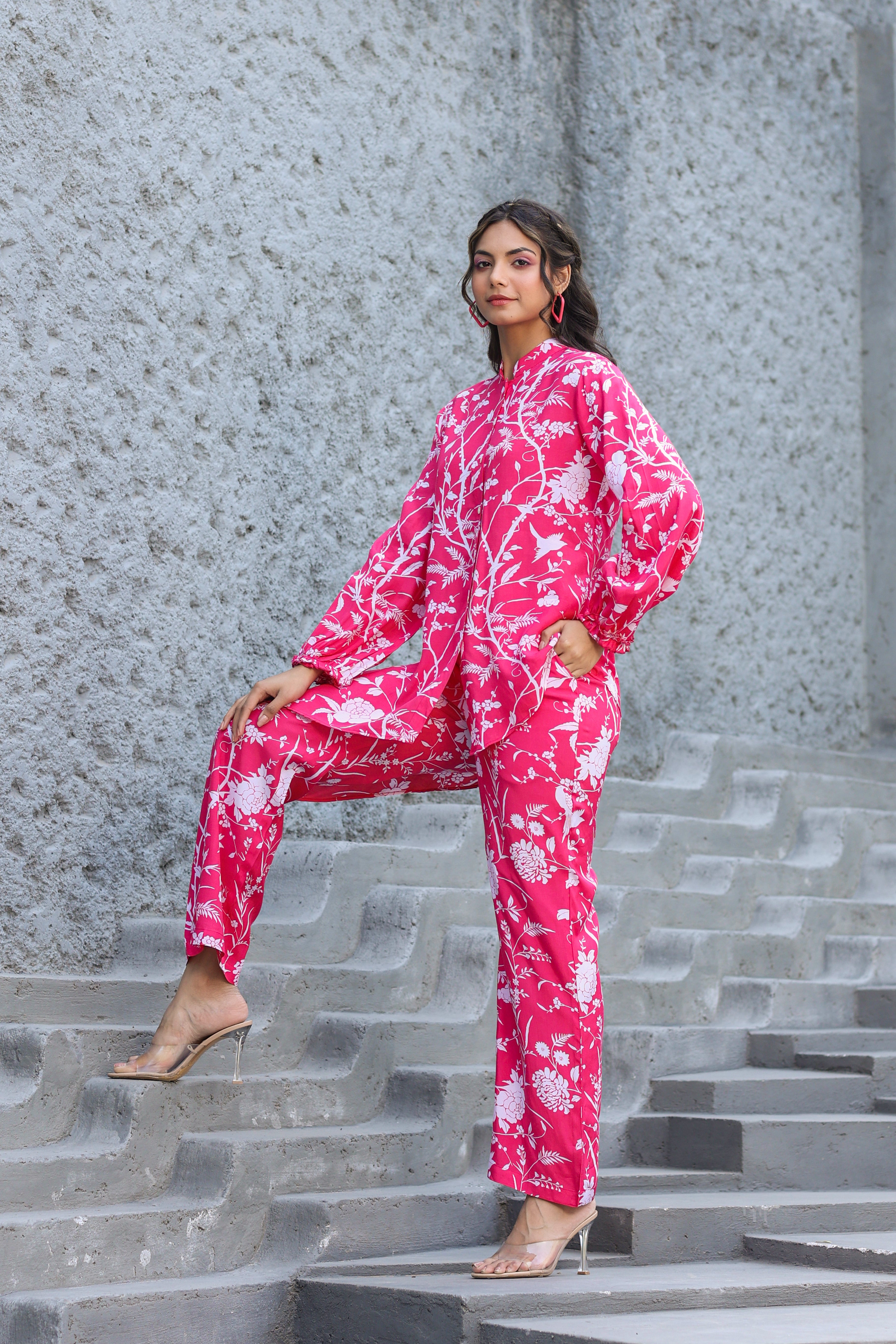 White Jaal On Pink Silk Co-ord Set