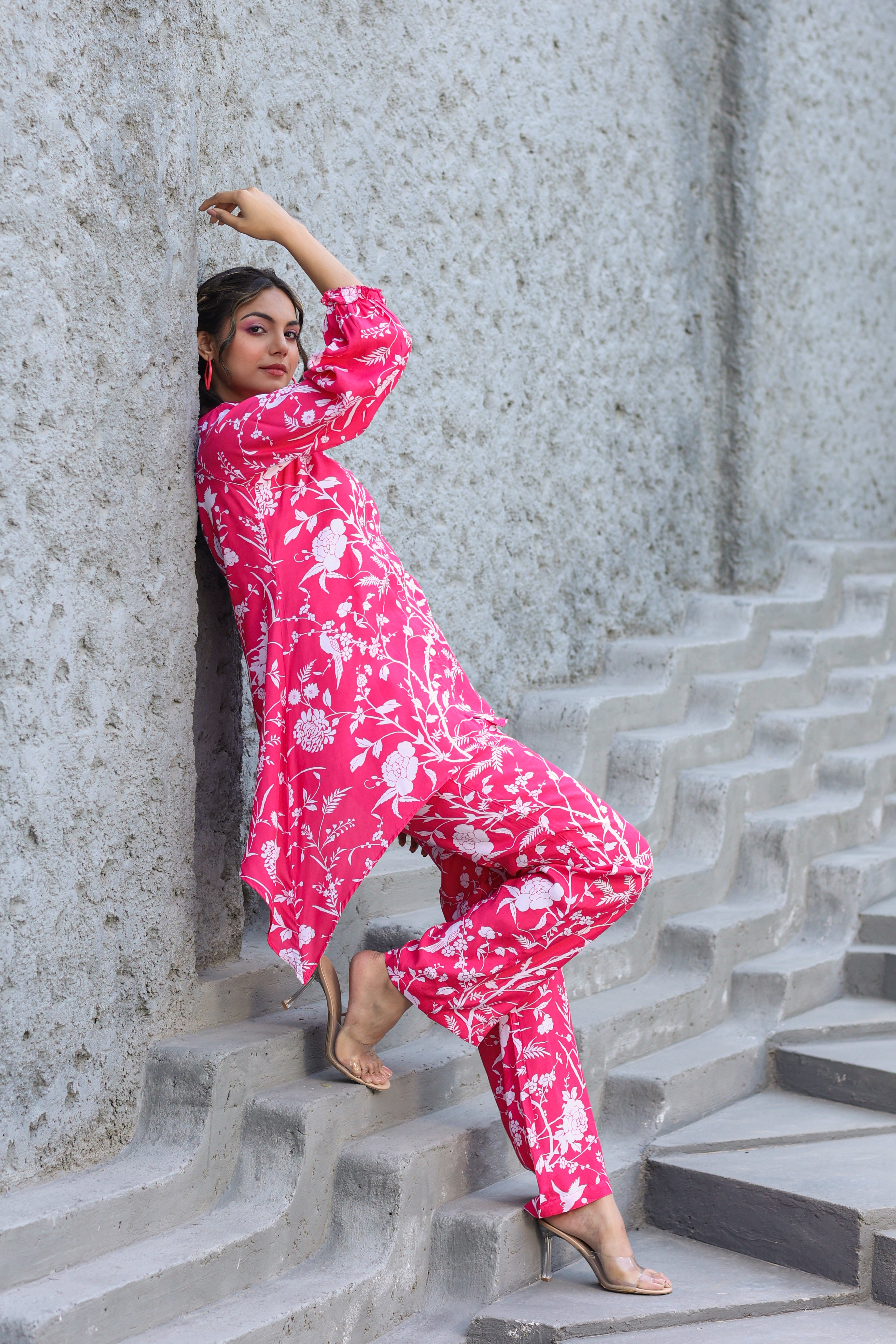 White Jaal On Pink Silk Co-ord Set