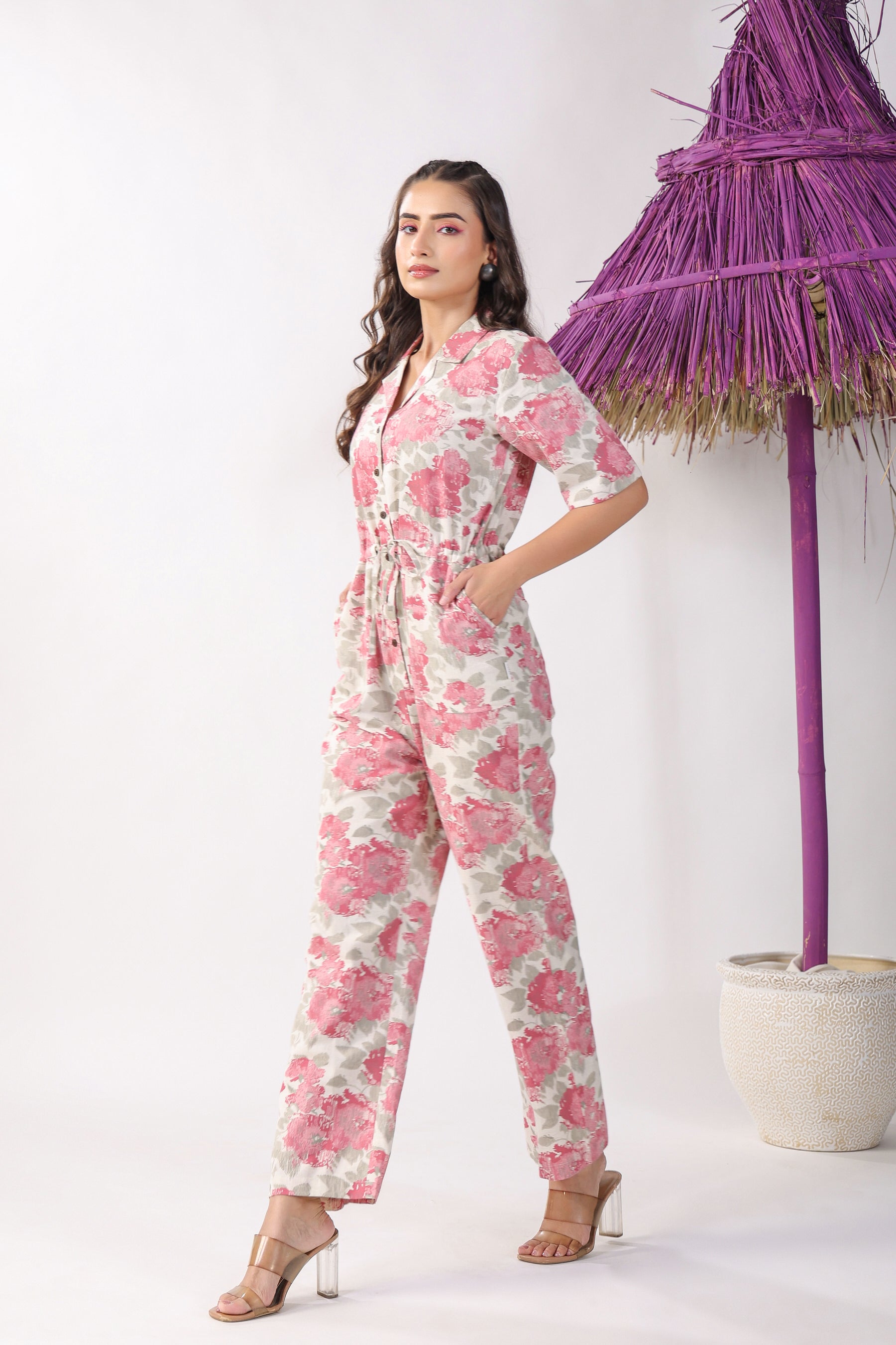 Watercolour Pink Florals on Off white Cotton Flex Jumpsuit