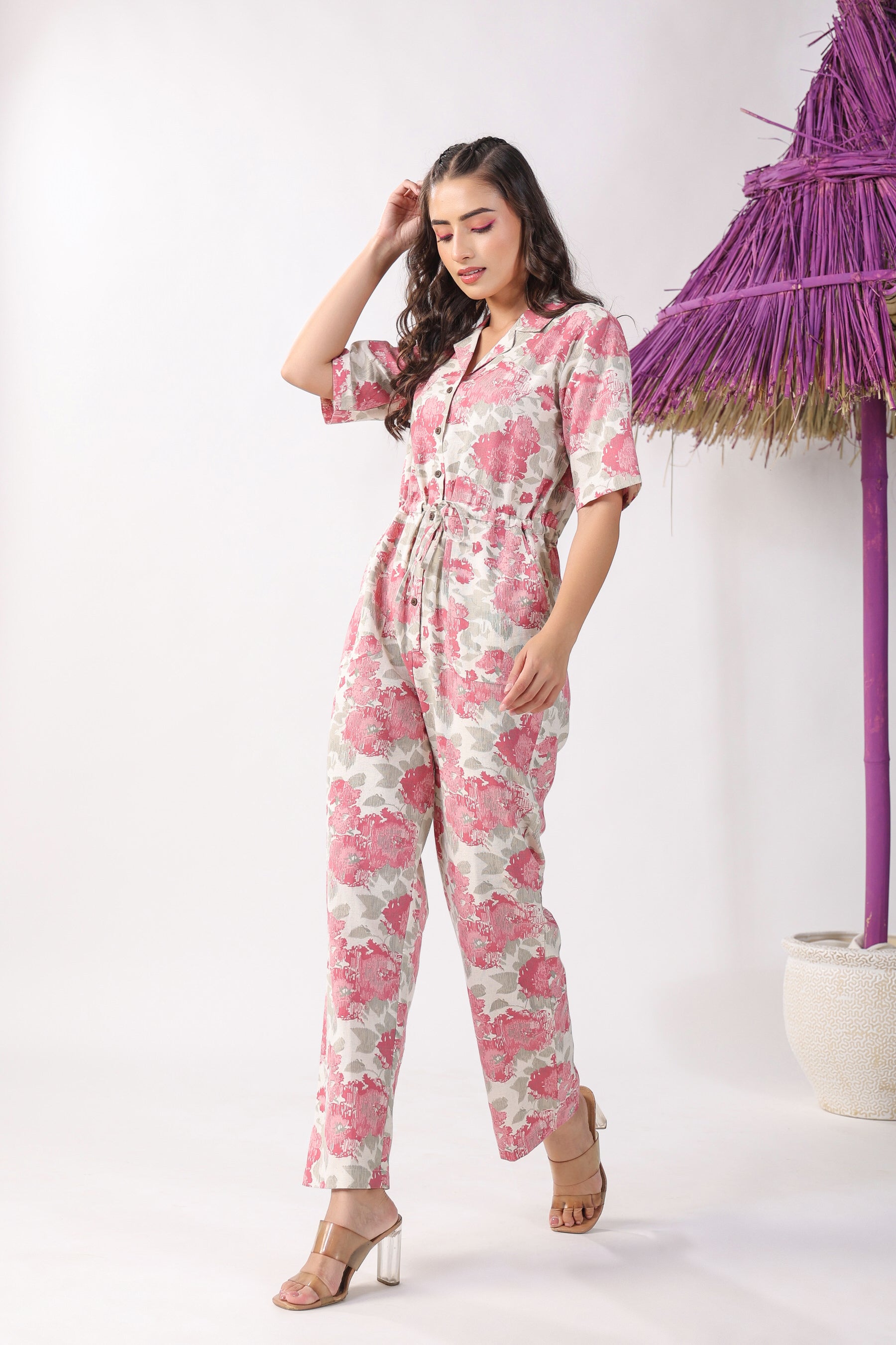 Watercolour Pink Florals on Off white Cotton Flex Jumpsuit