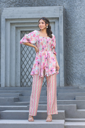 Floral Canopies with zigzag on Muslin Silk Co-ord Set