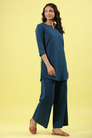 Solid Blue Cotton Flex Palazzo Loungewear Set