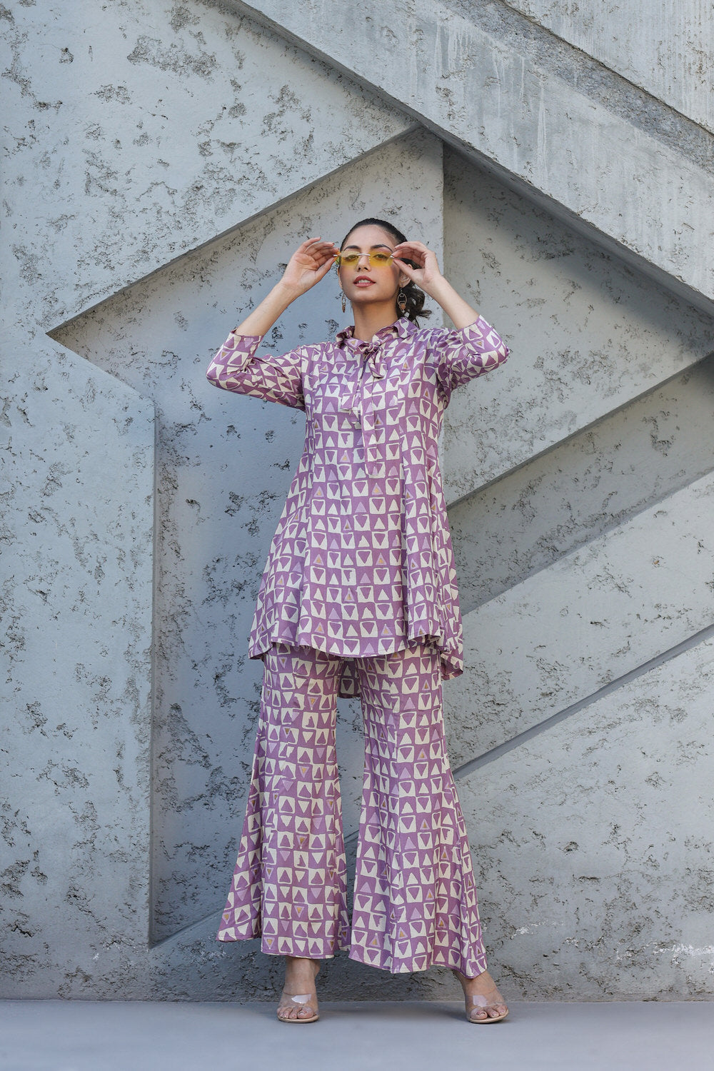 Abstract print on Lavender Muslin Silk Co ord Set