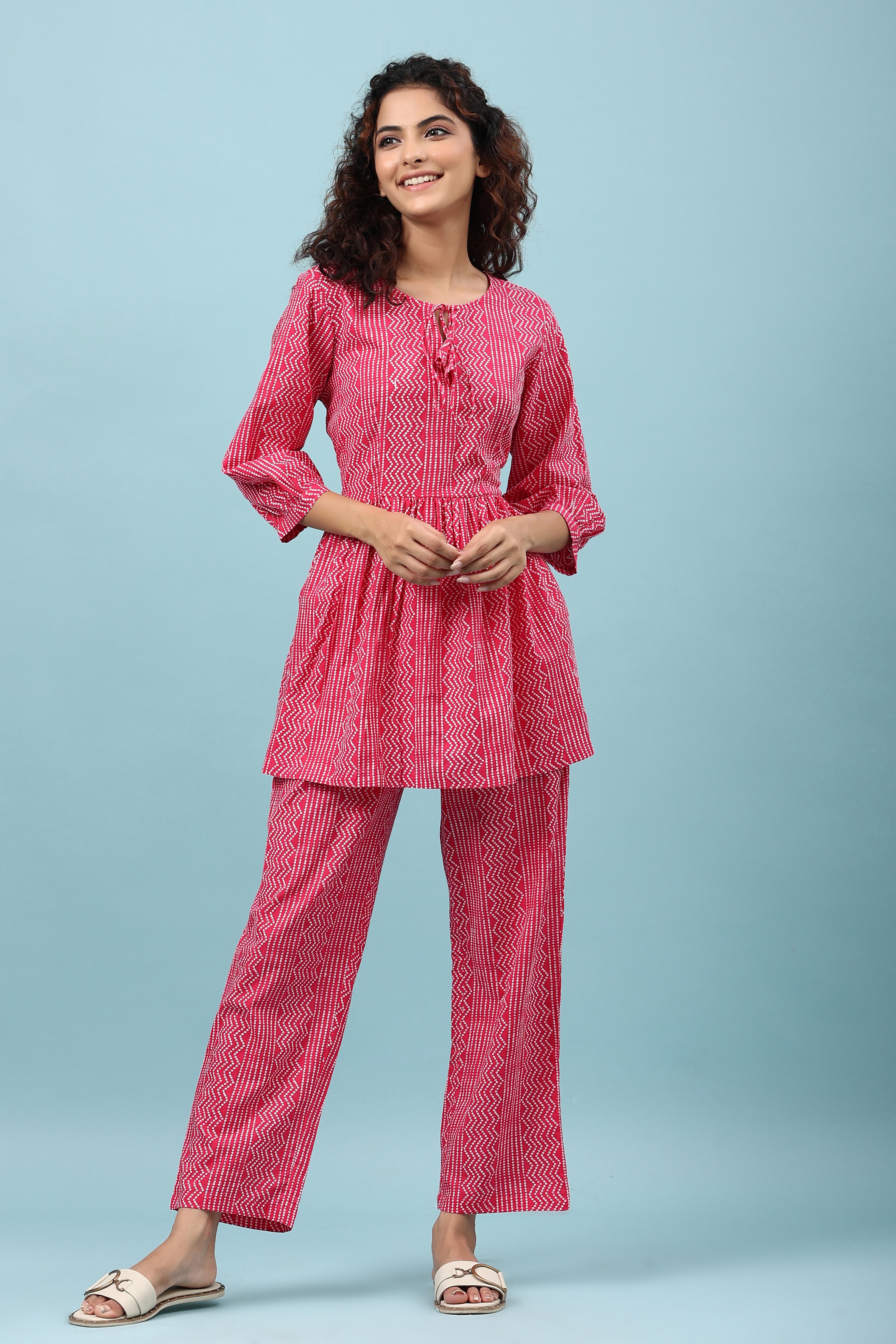 Zigzag Polka On Pink Peplum Loungewear Top Set