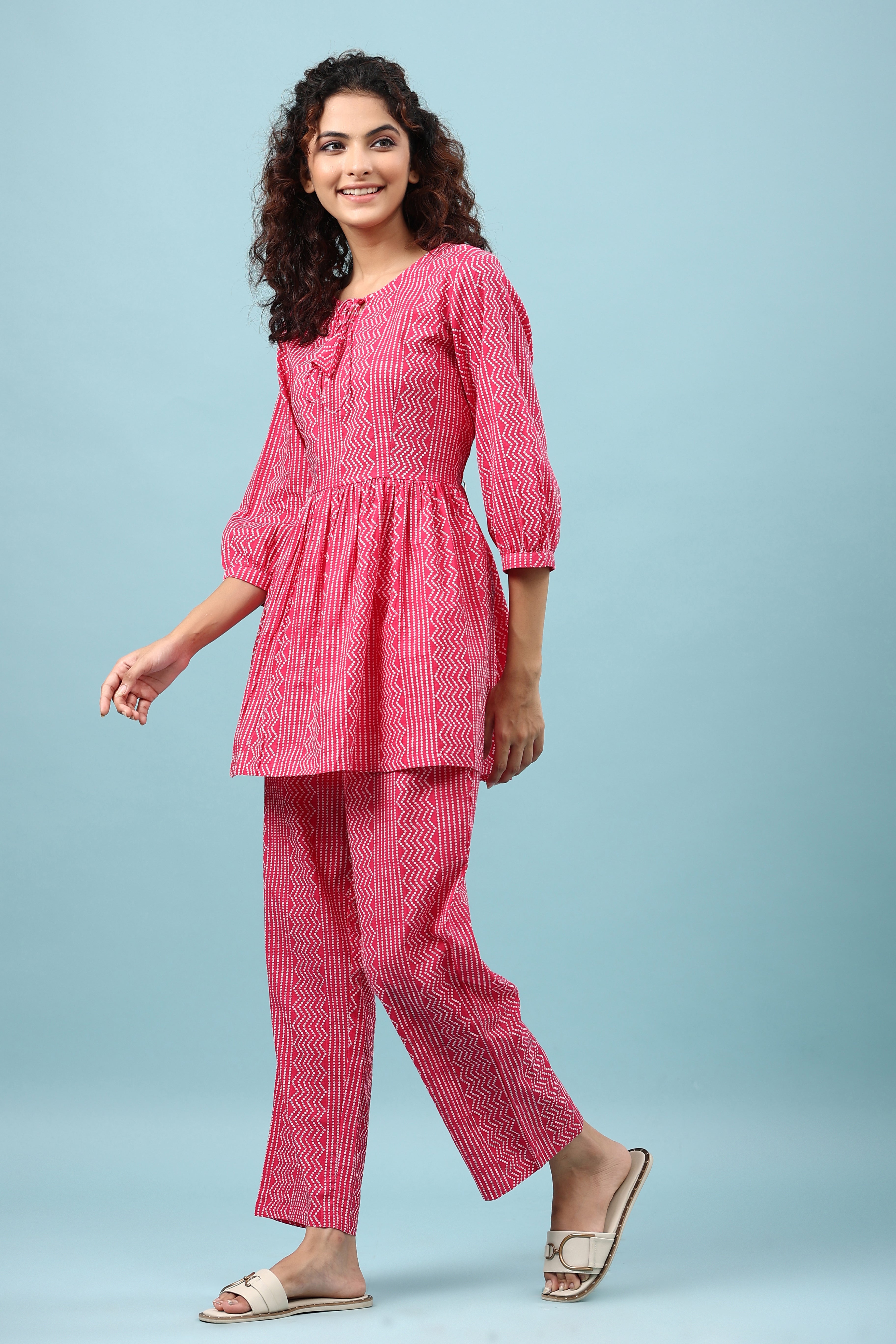 Zigzag Polka On Pink Peplum Loungewear Top Set