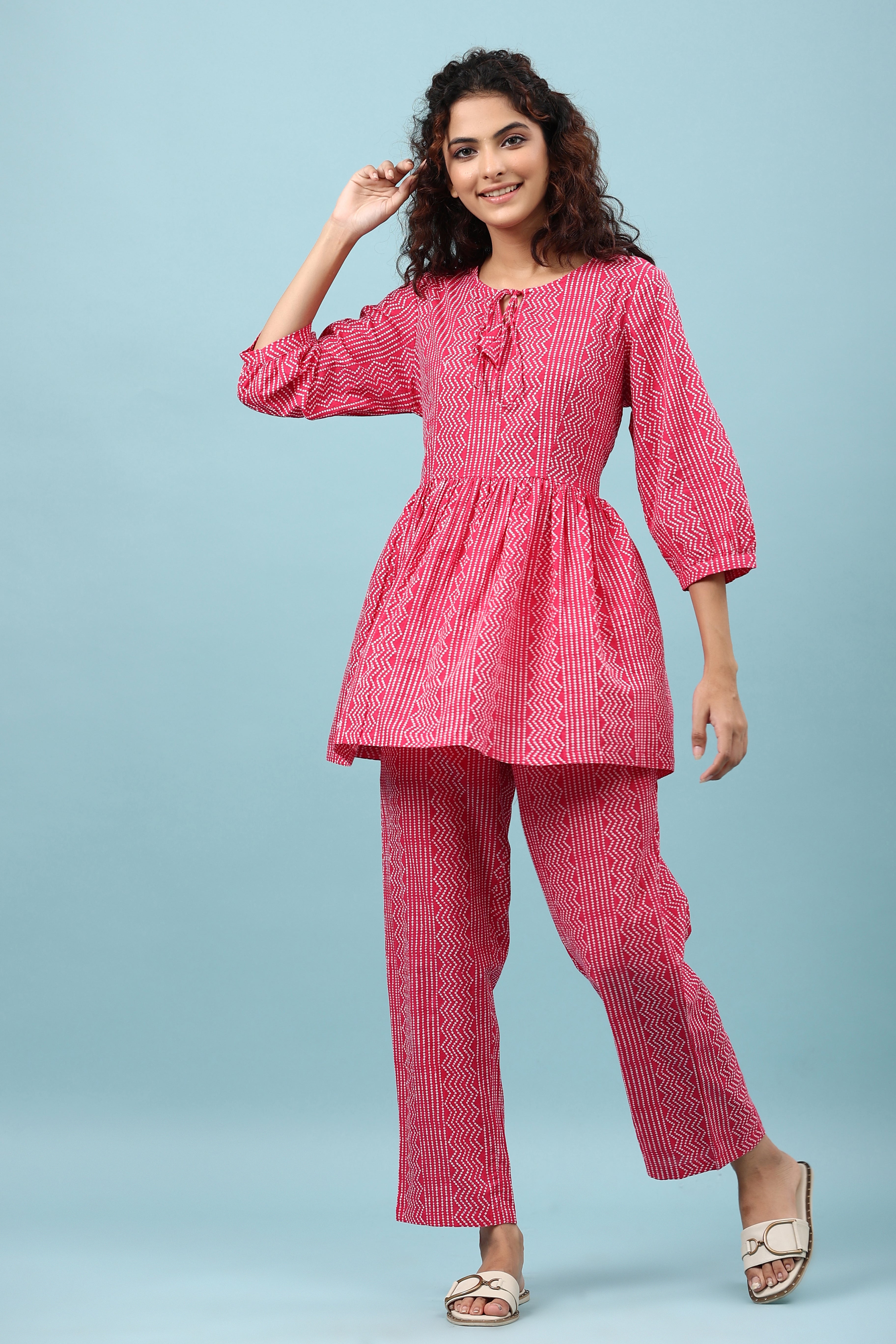 Zigzag Polka On Pink Peplum Loungewear Top Set