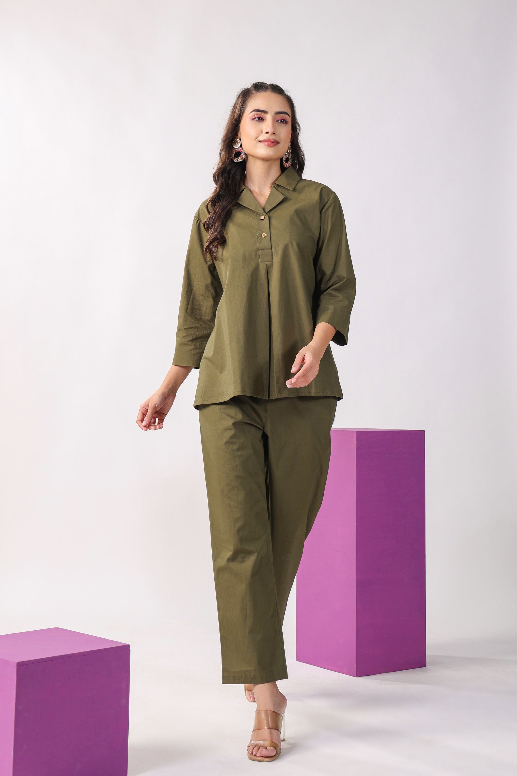 Classic Olive Cotton Loungewear Top Set