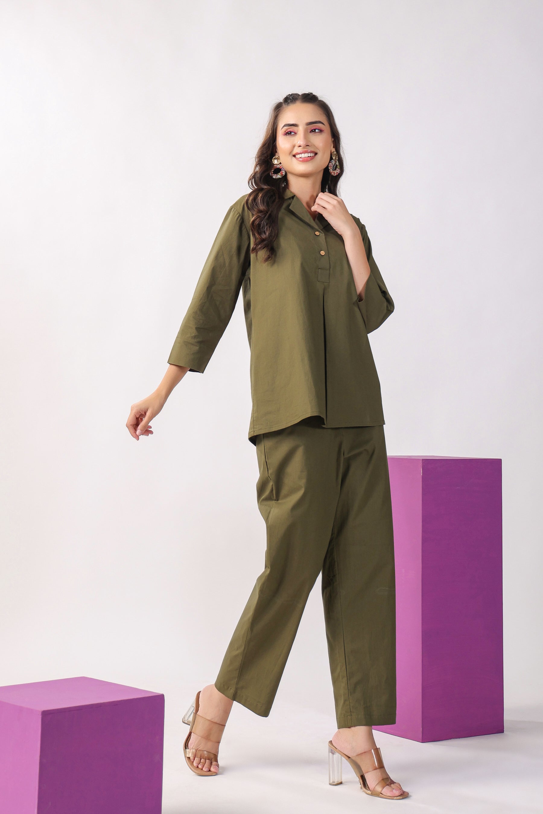 Classic Olive Cotton Loungewear Top Set