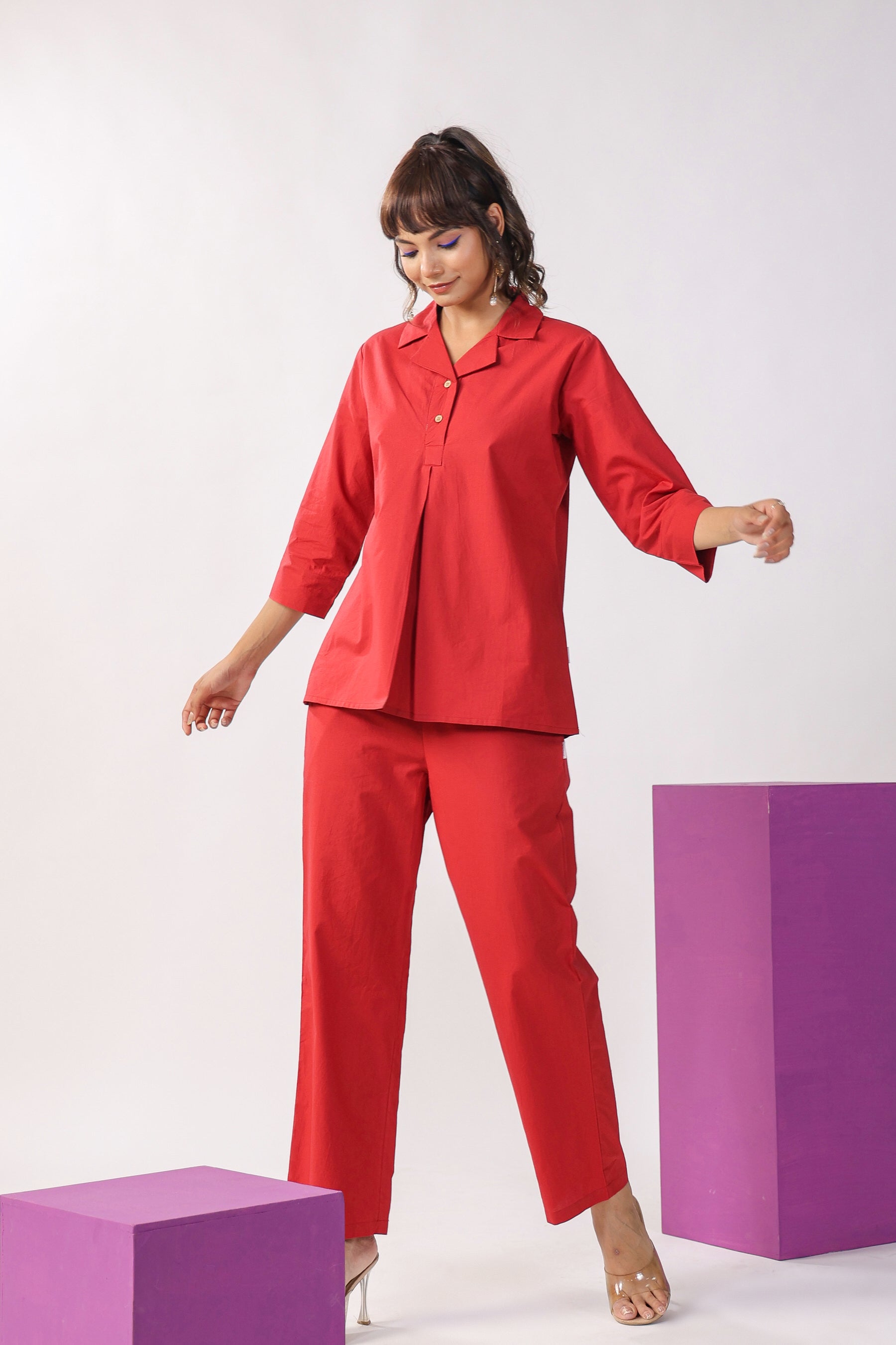 Solid Red Cotton Loungewear Top Set