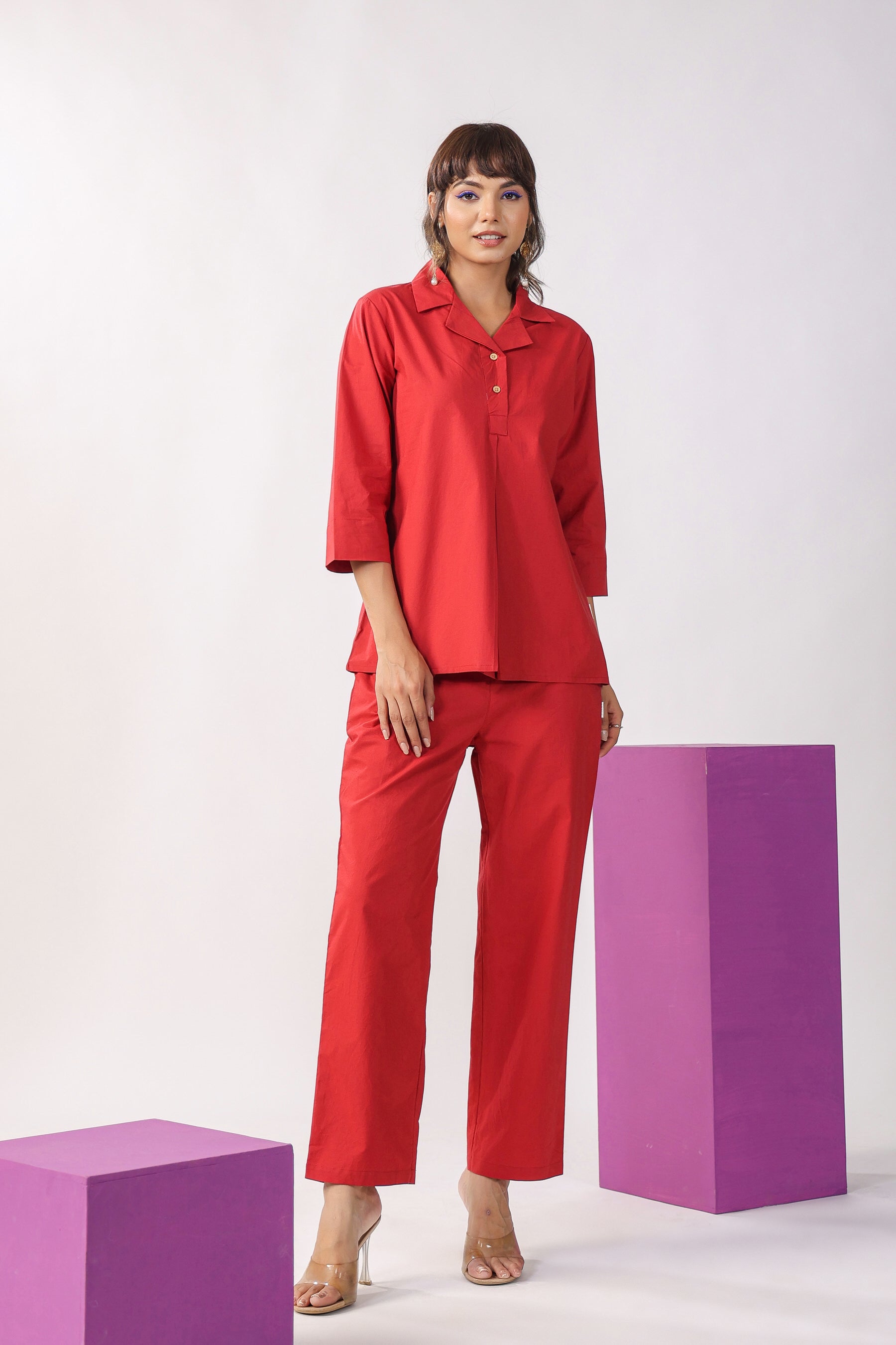 Solid Red Cotton Loungewear Top Set