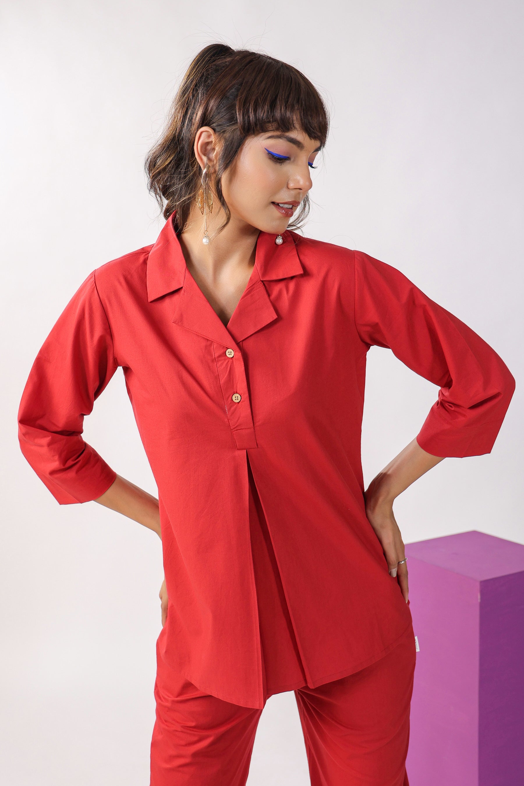 Solid Red Cotton Loungewear Top Set