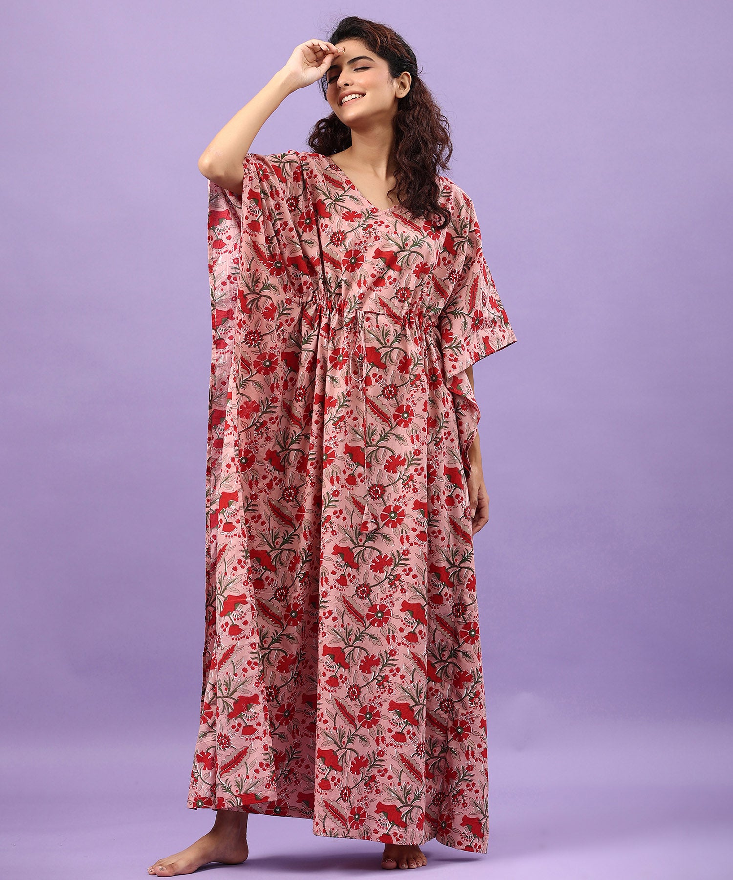 Fusia Floral Cotton Pink Kaftan