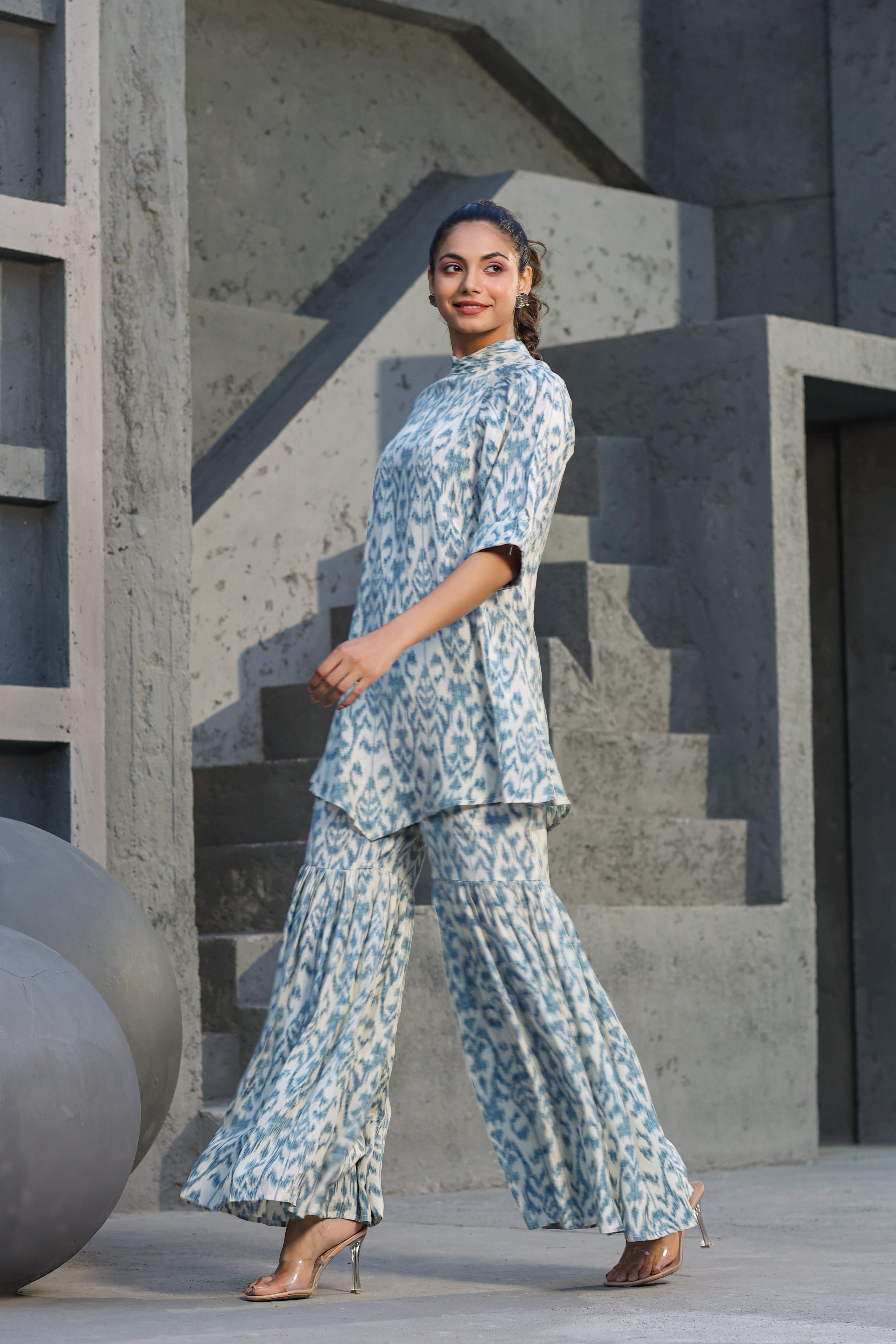 Blue Ikat on Silk Sharara Co ord Set