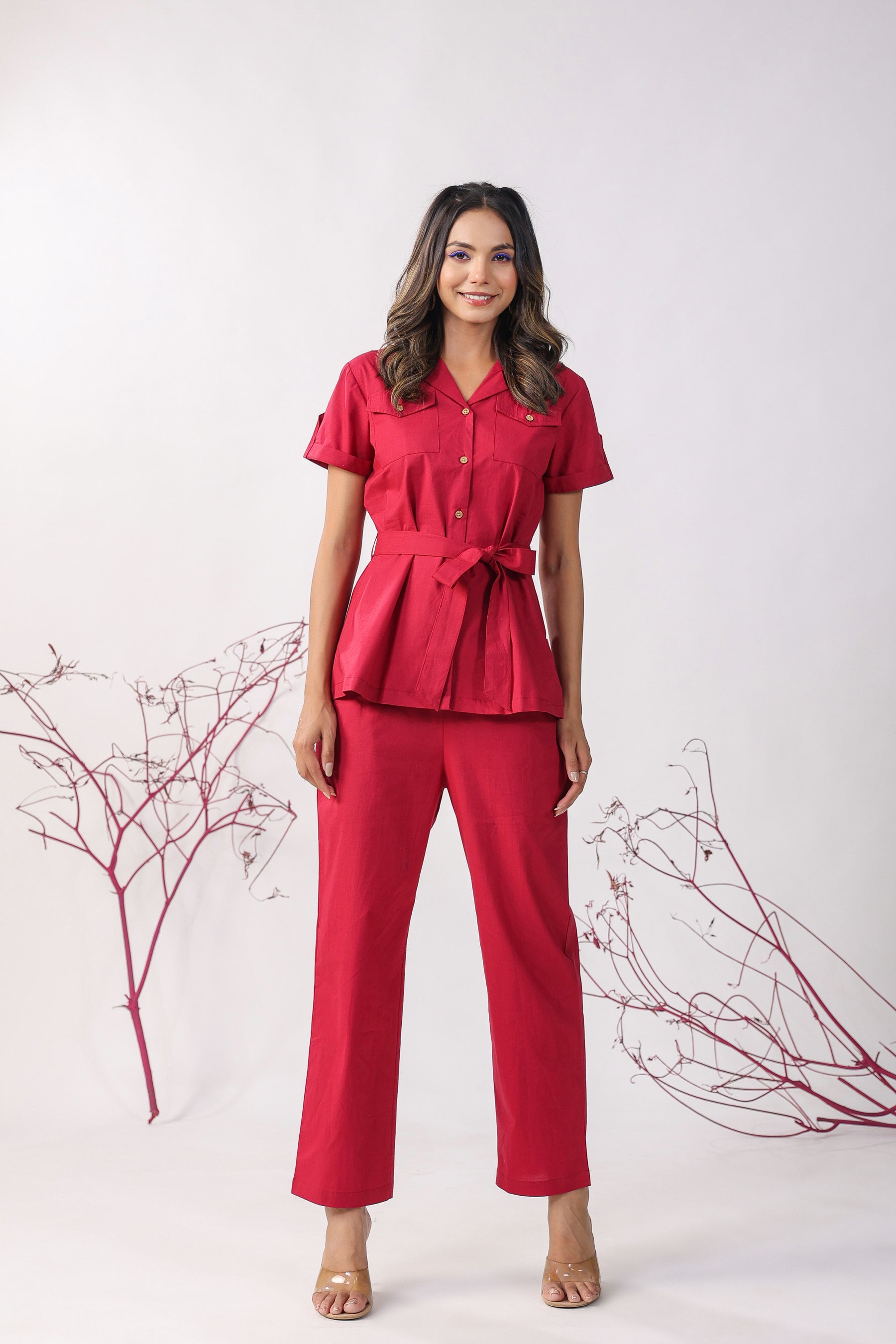 Classic Maroon Cotton Loungewear Top Set