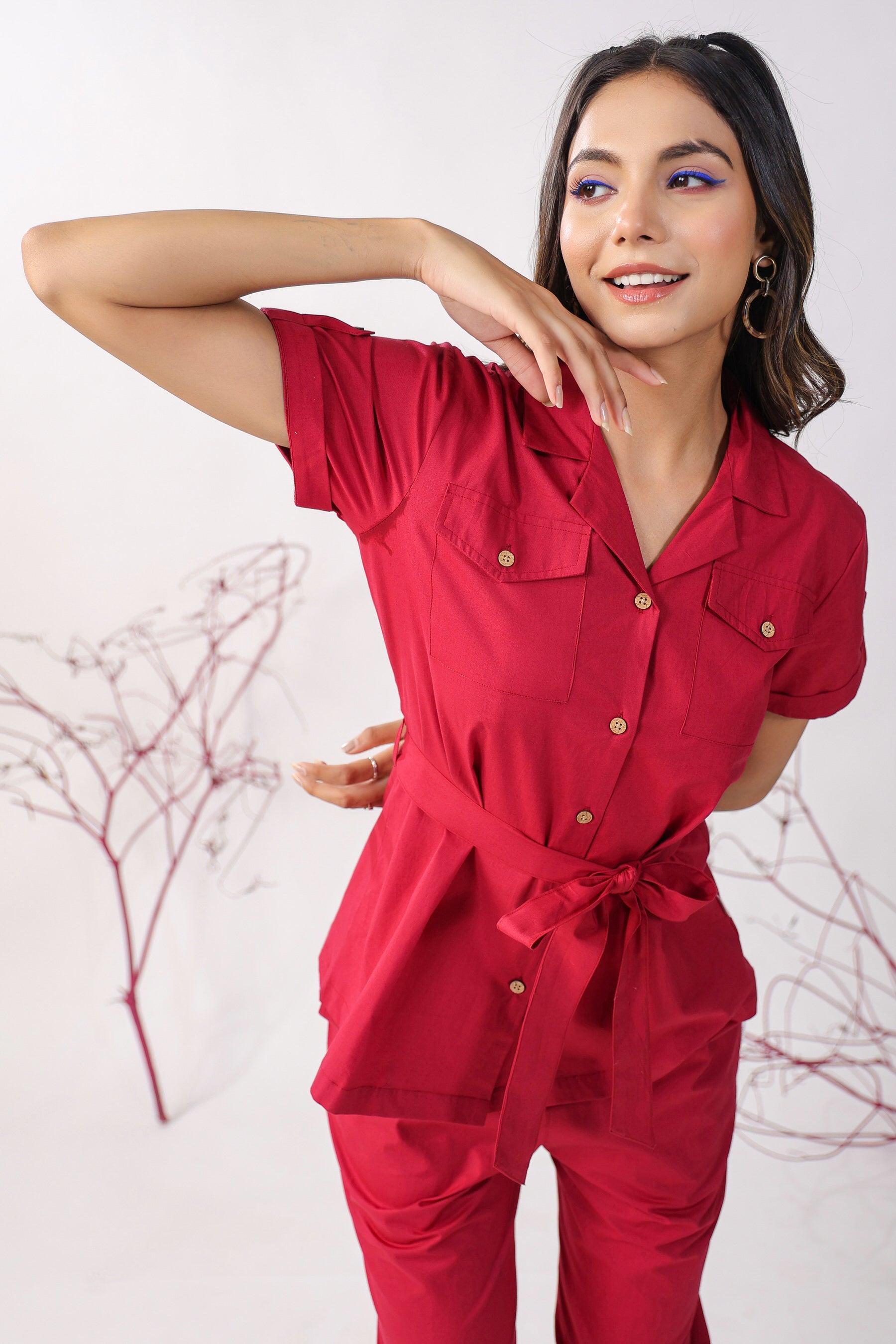 Classic Maroon Cotton Loungewear Top Set