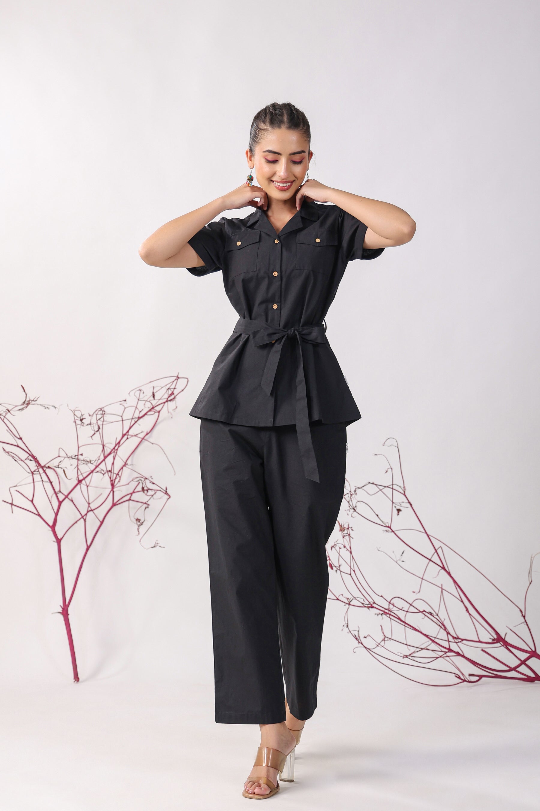 Classic Black Cotton Loungewear Top Set