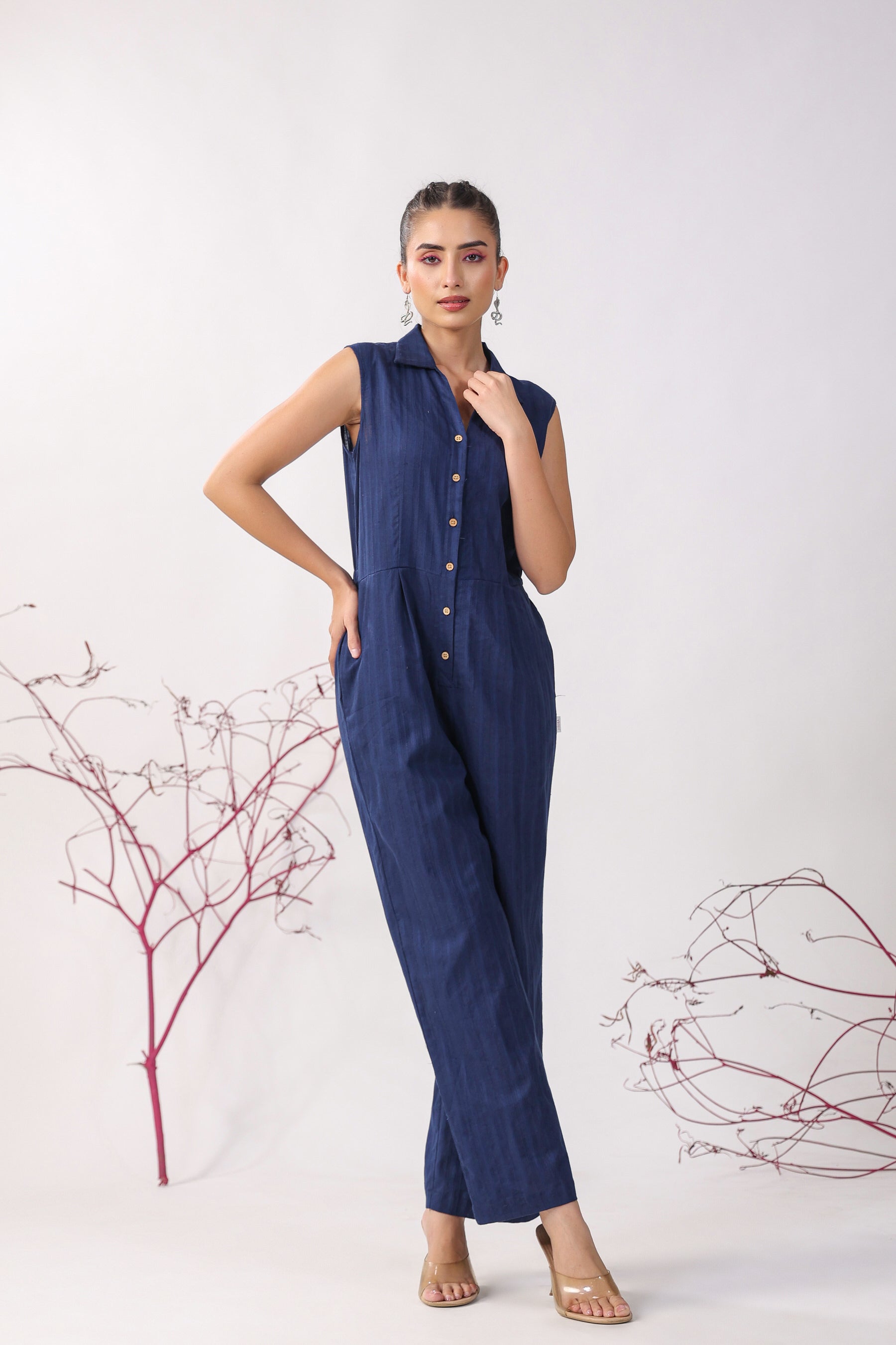 Solid Blue Cotton Jumpsuit