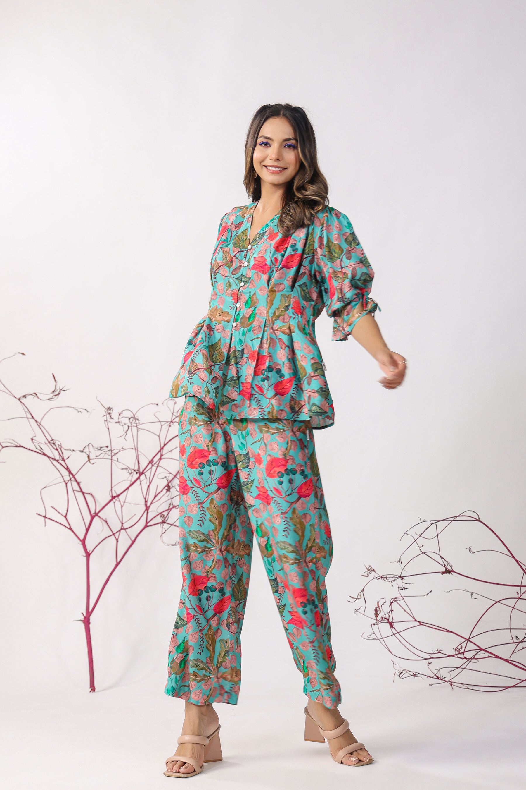 Autumn Leaves on Blue Muslin Silk Co-ord Set