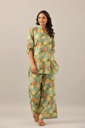 Yellow Jaal on Green Lounge Cotton Co-ord Set