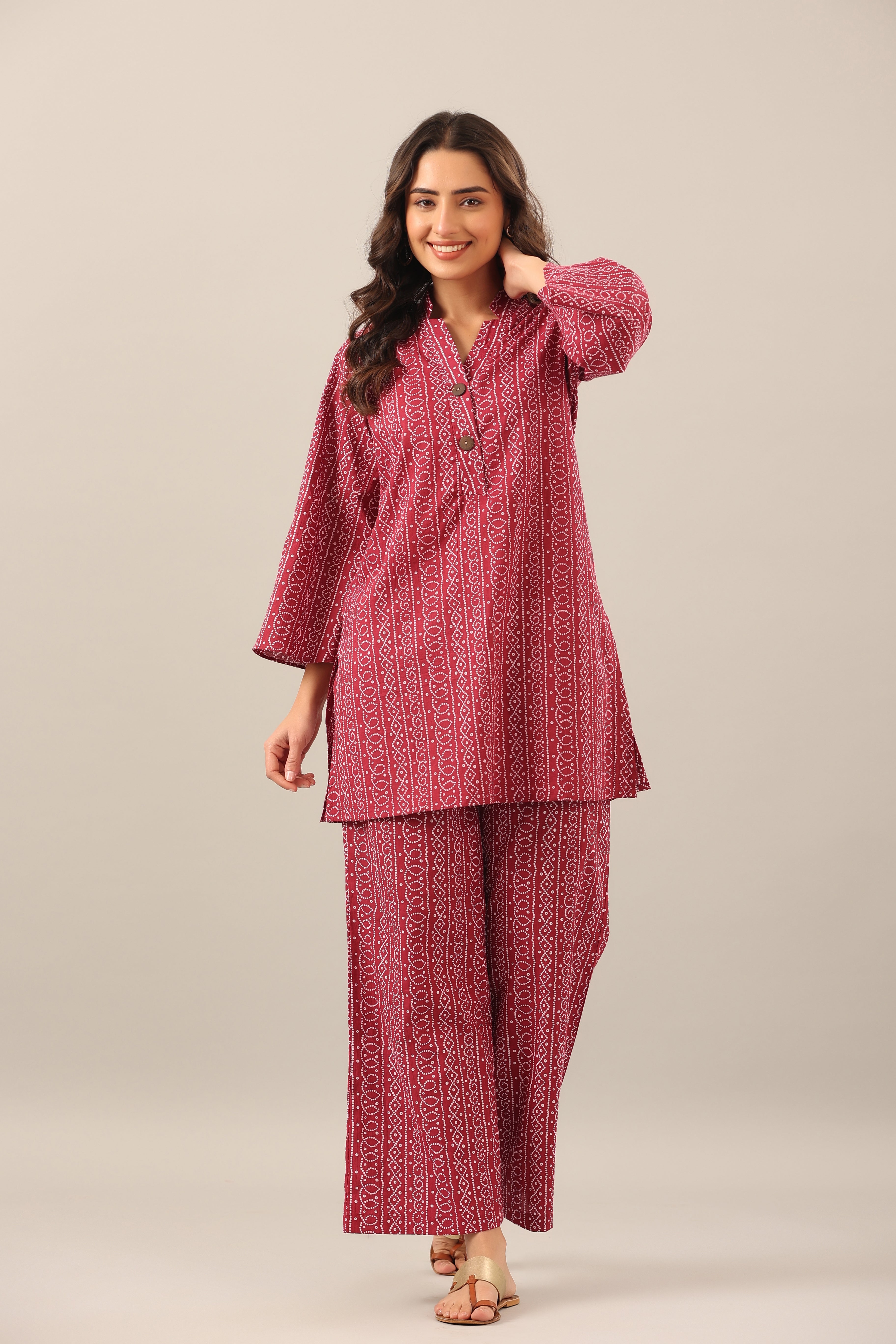 Bandhej on Maroon Palazzo Loungewear Set