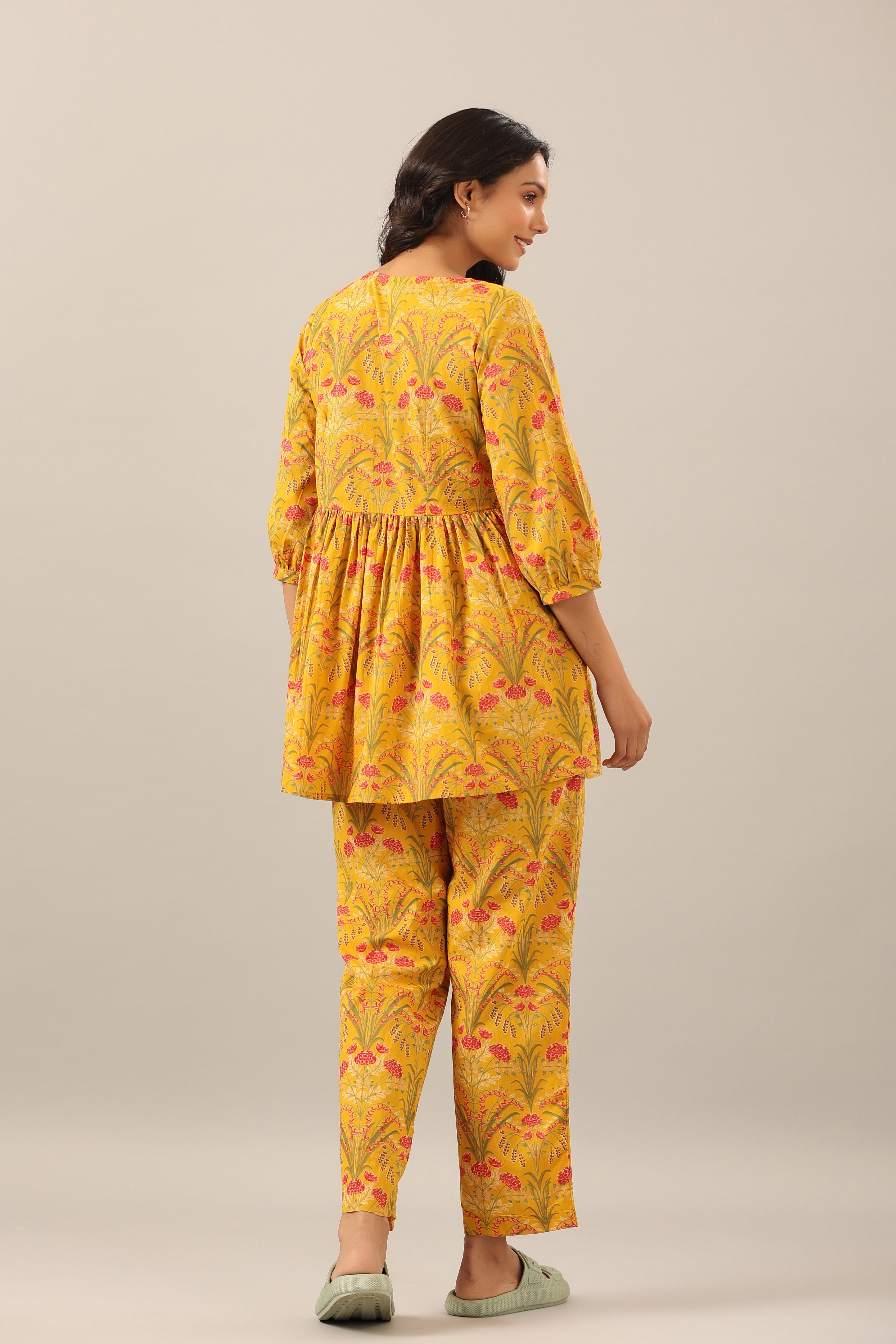 Marigold on Yellow Cotton Peplum Loungewear Top Set