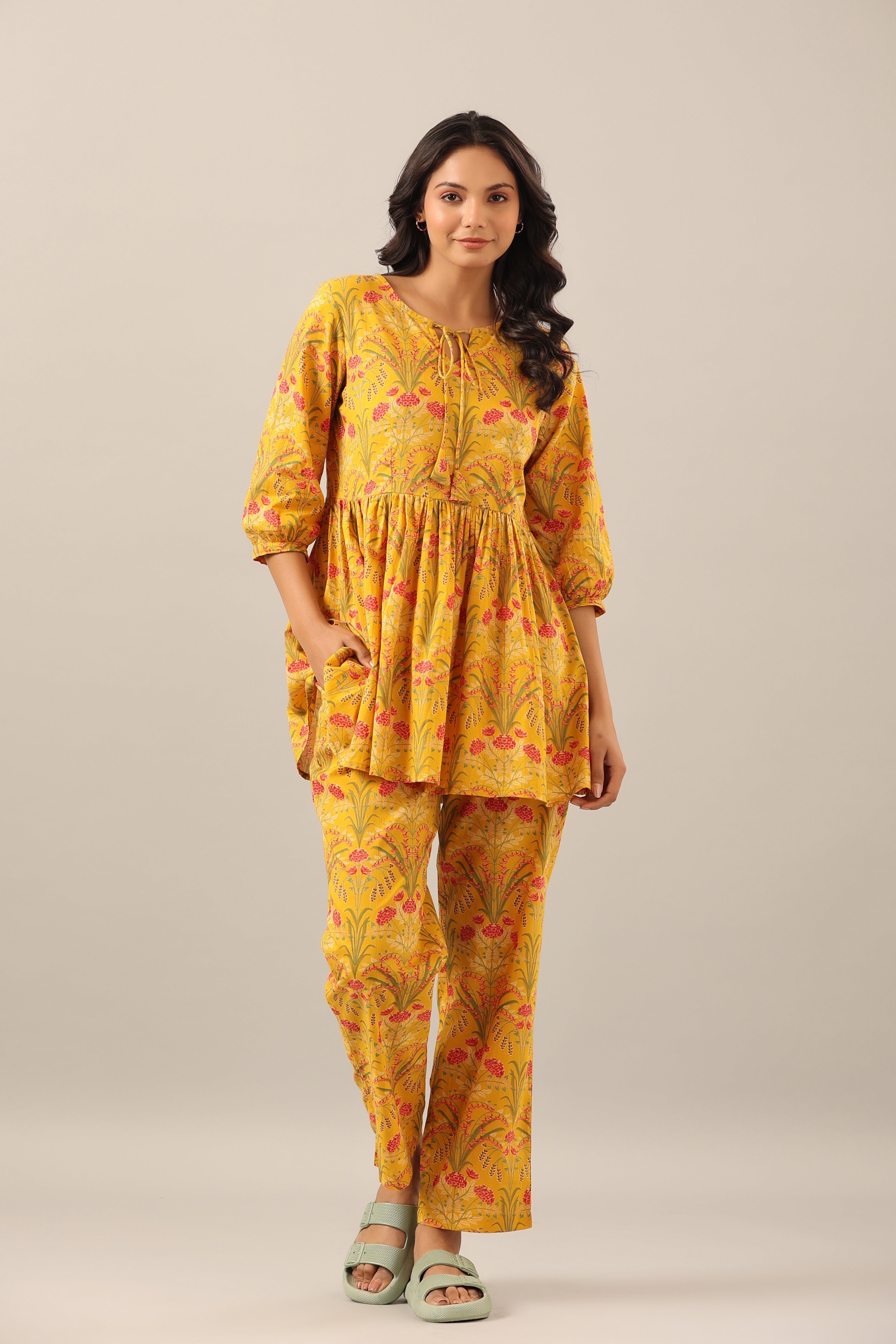 Marigold on Yellow Cotton Peplum Loungewear Top Set