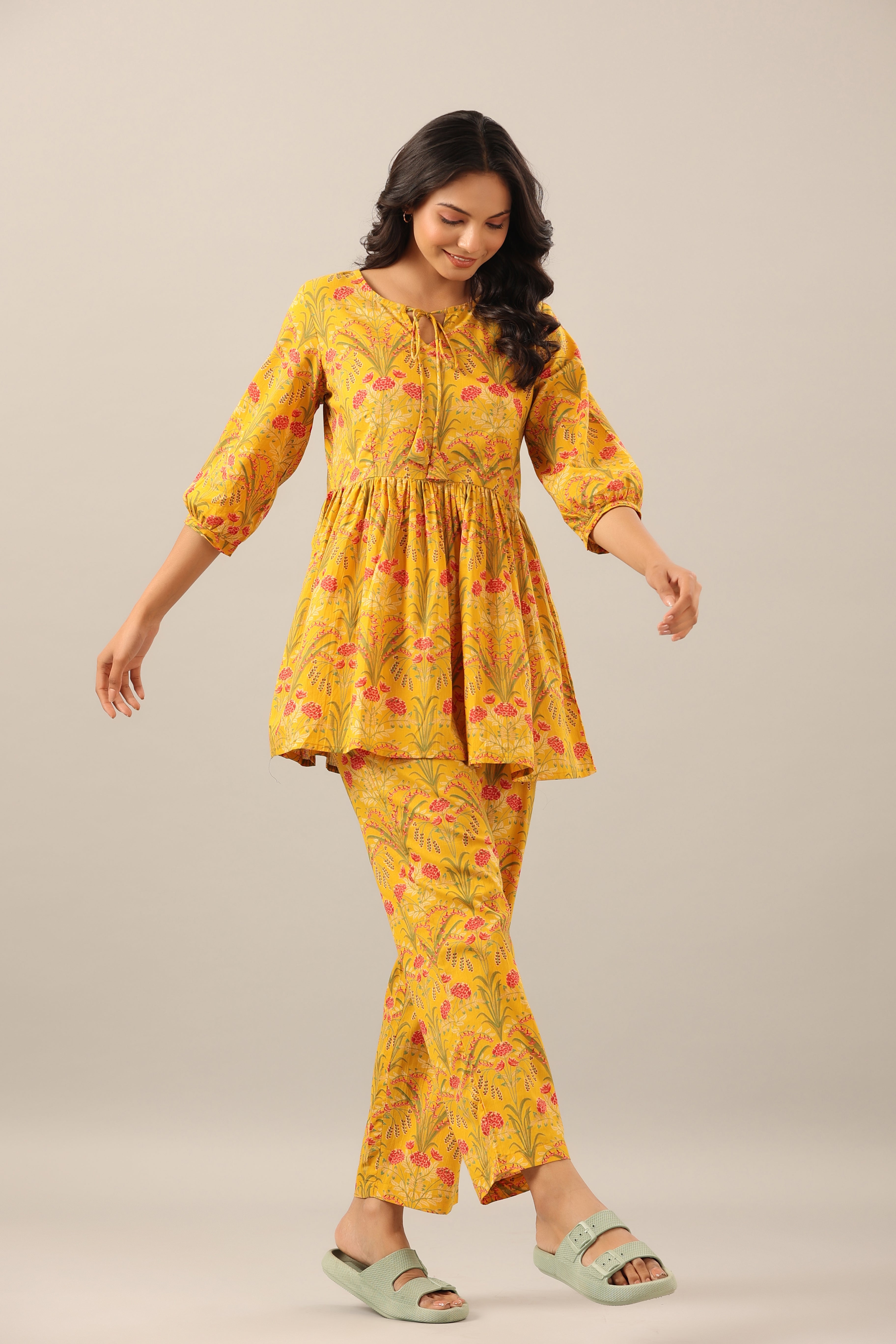 Marigold on Yellow Cotton Peplum Loungewear Top Set