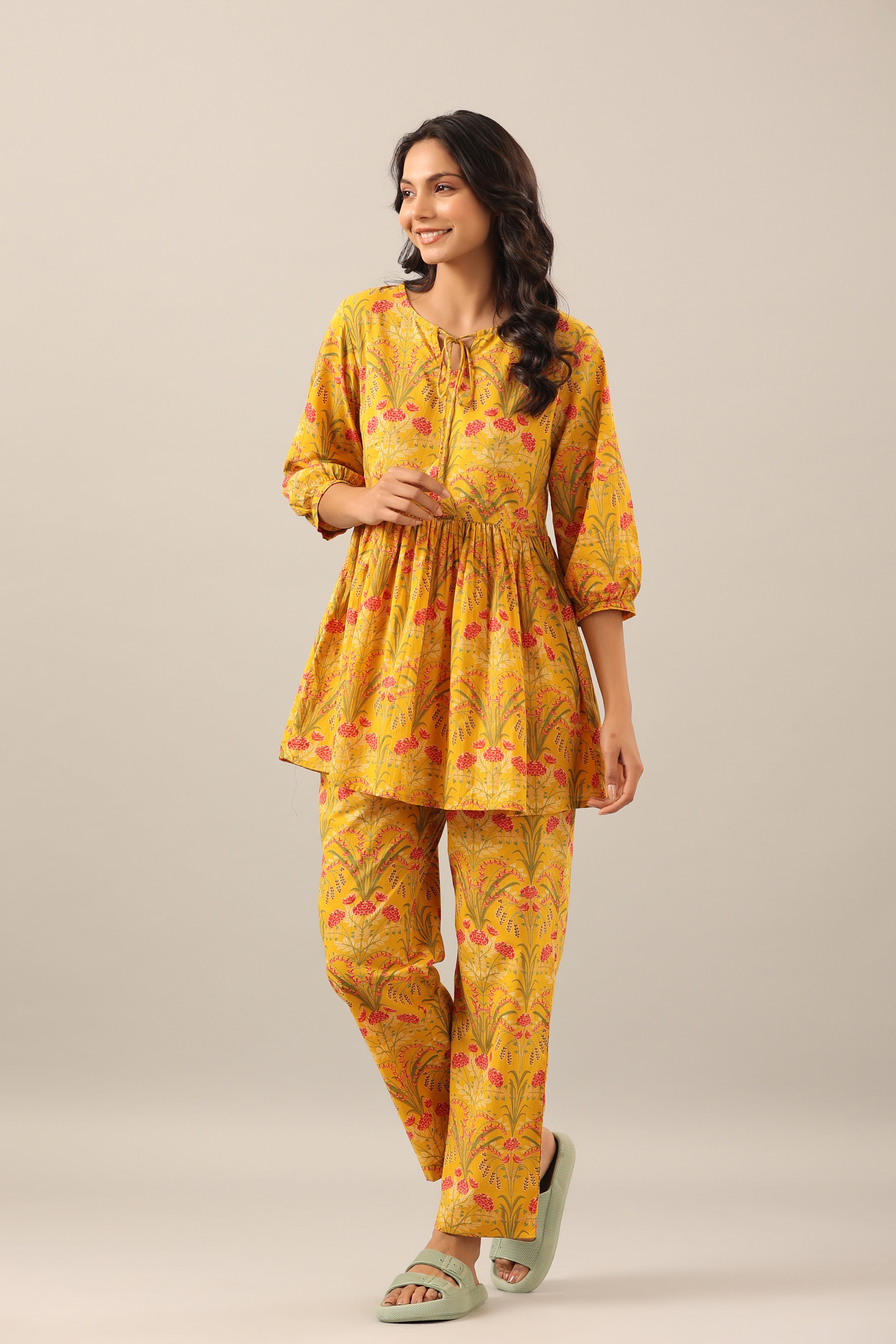 Marigold on Yellow Cotton Peplum Loungewear Top Set