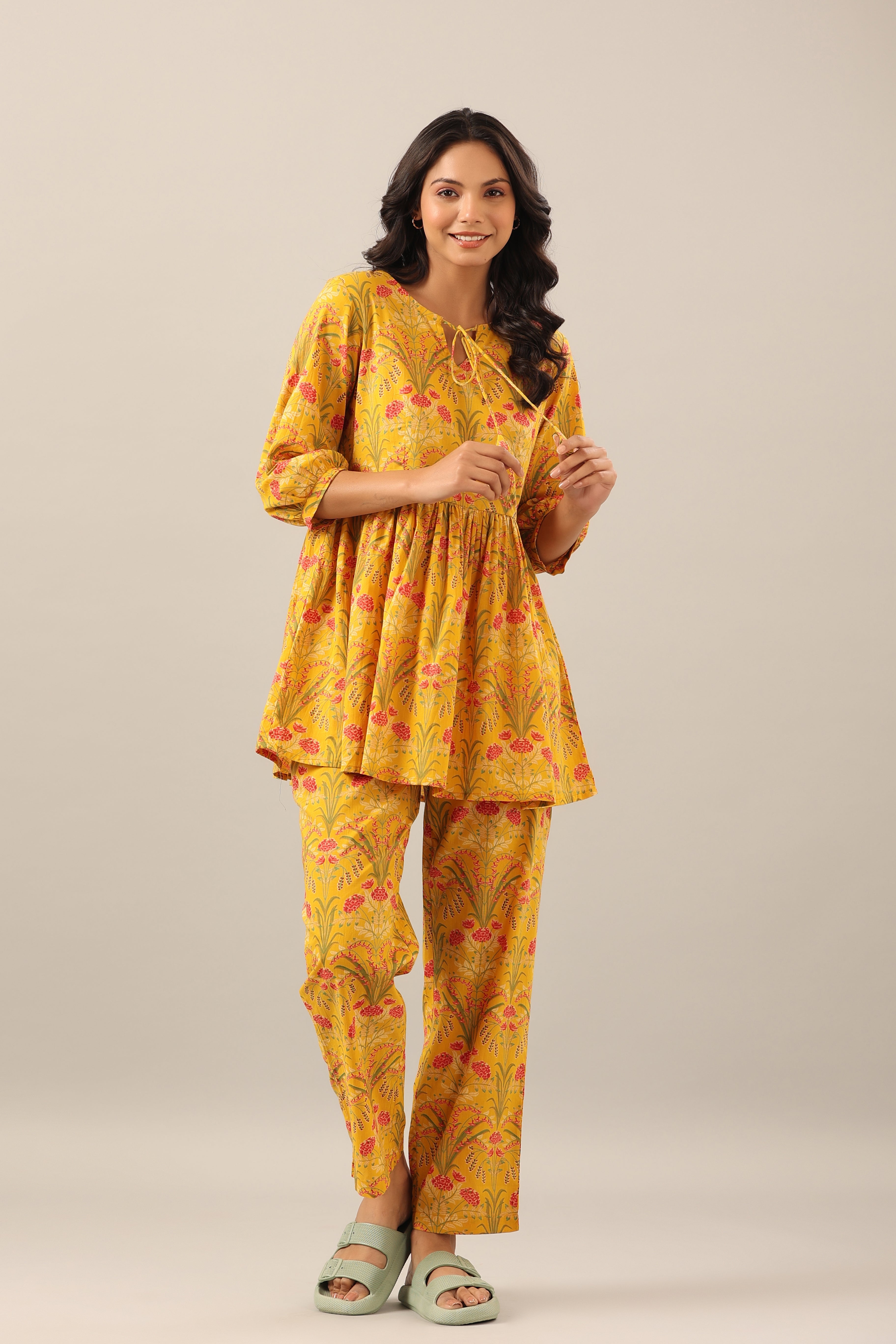 Marigold on Yellow Cotton Peplum Loungewear Top Set