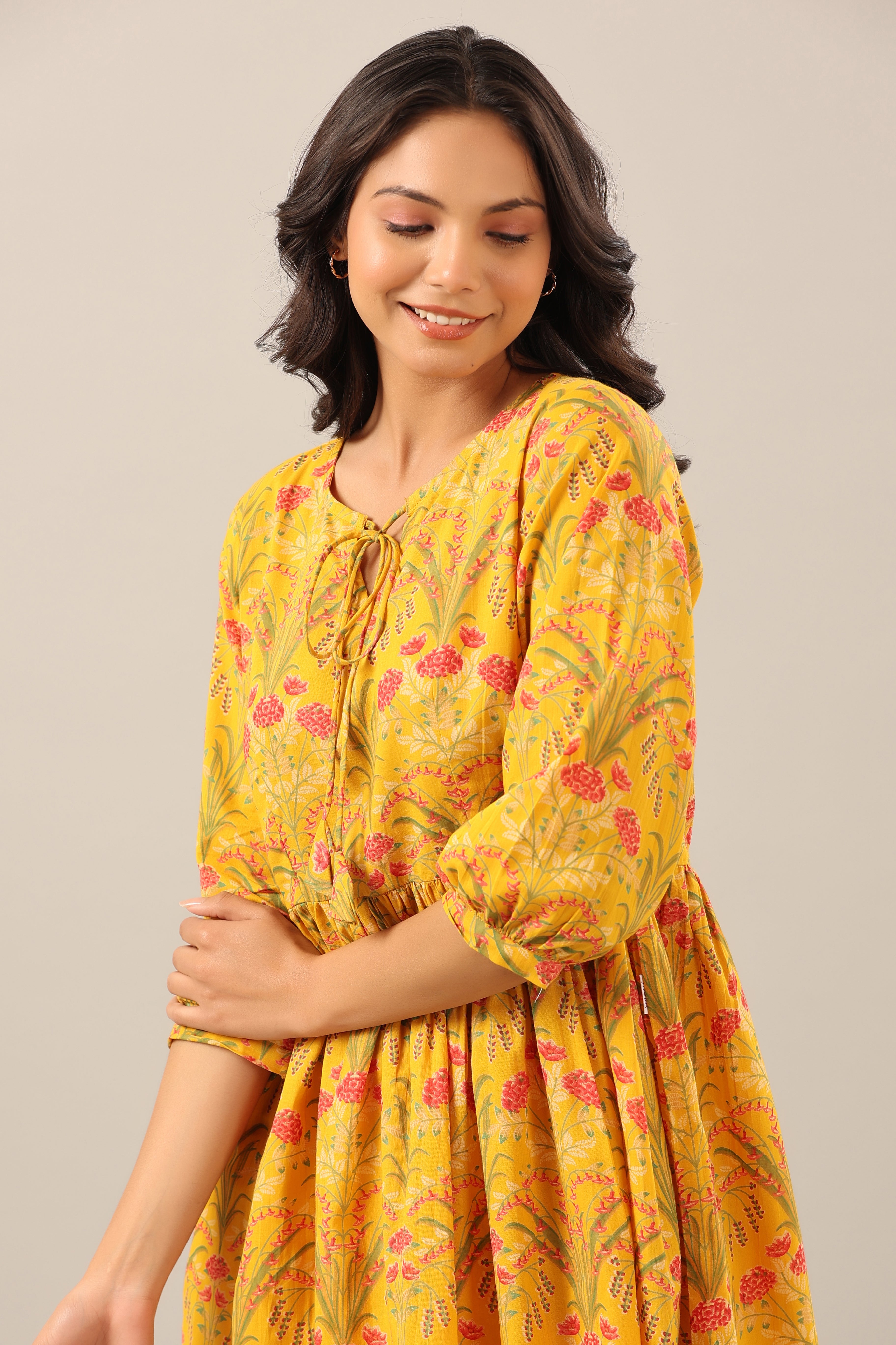 Marigold on Yellow Cotton Peplum Loungewear Top Set