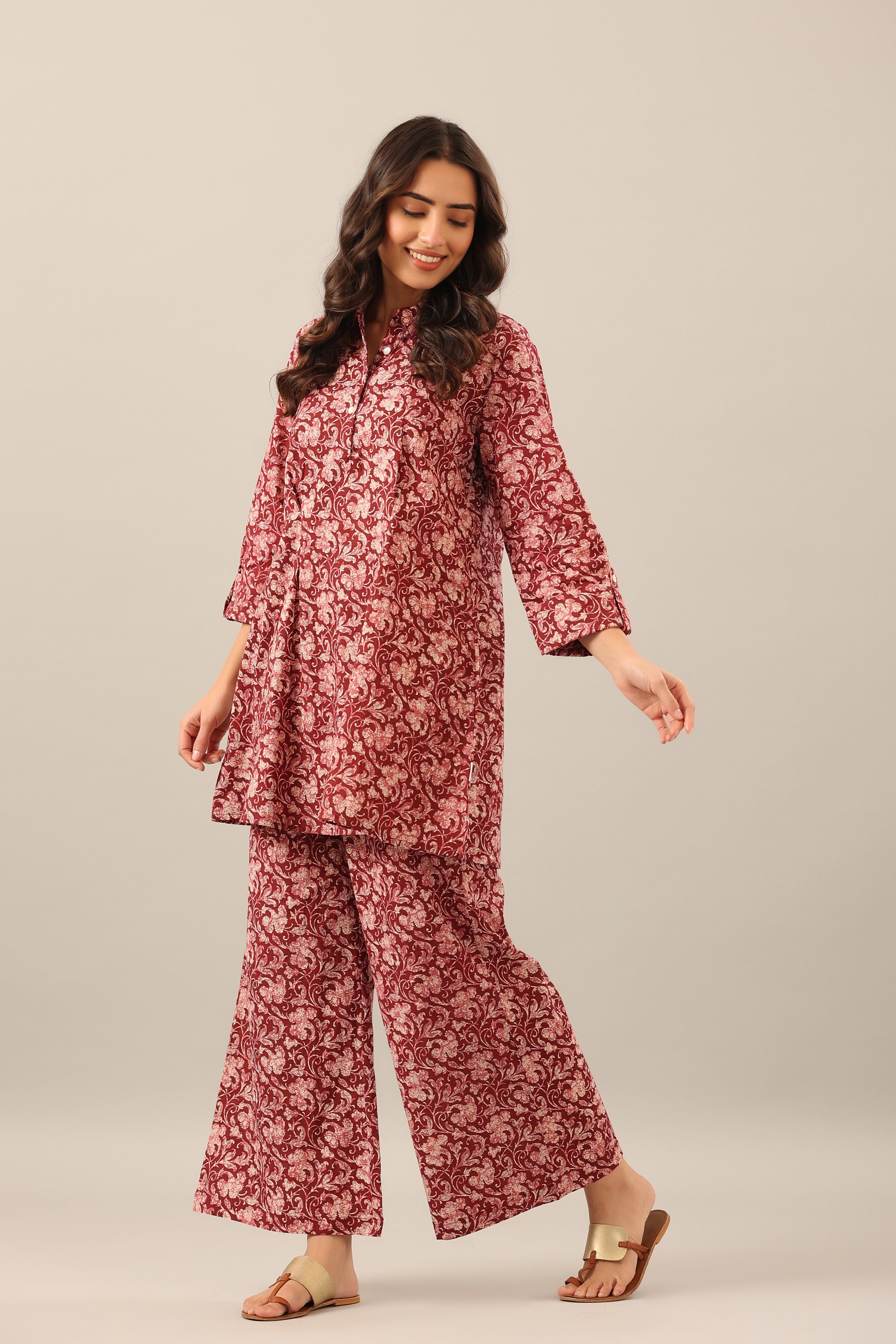 Earthy Ajrakh on Maroon Cotton Lounge Co-ord Set