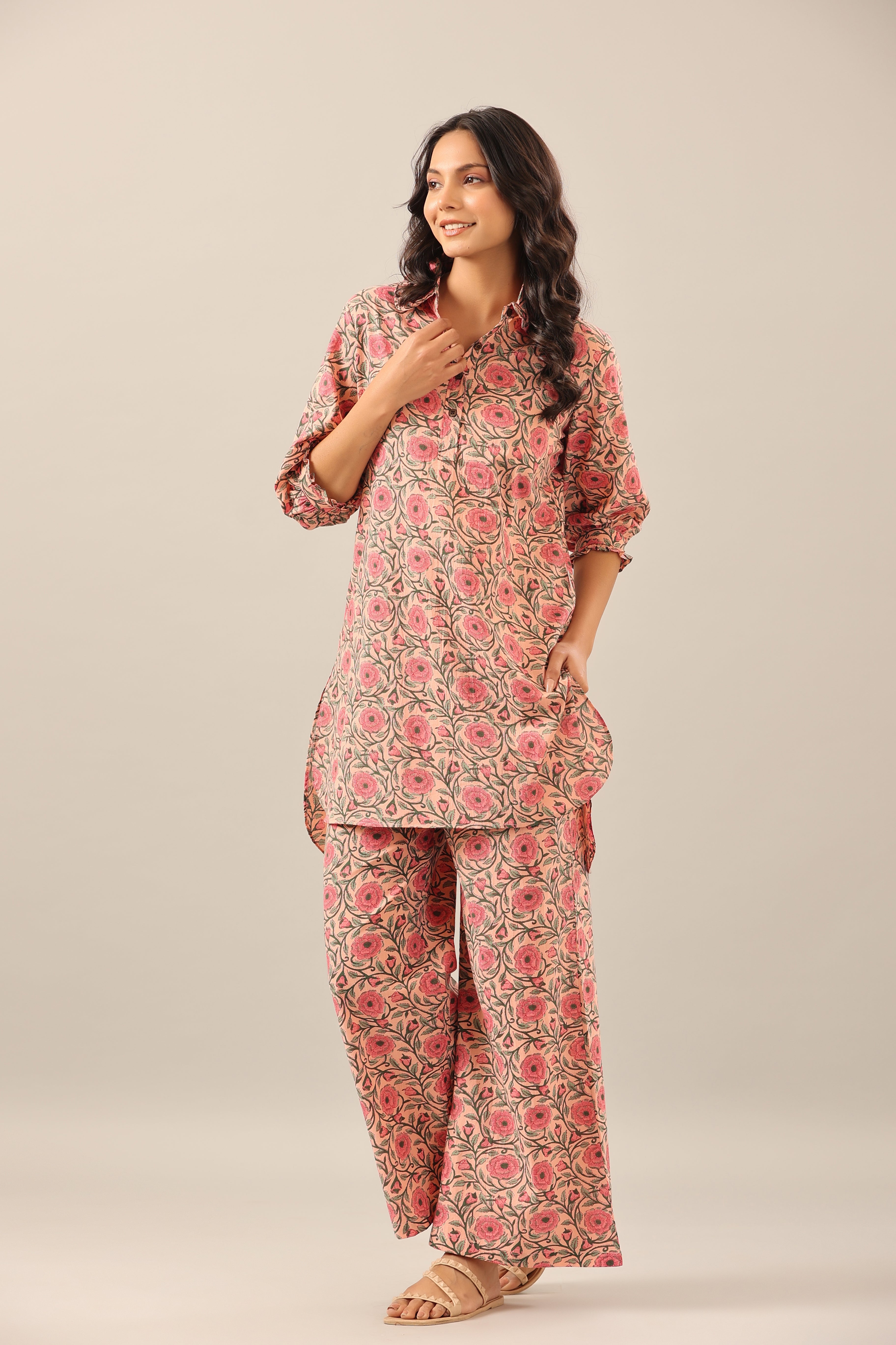 Floral Mosaic on Pink Collared Smoked Sleeves Palazzo Loungewear Set