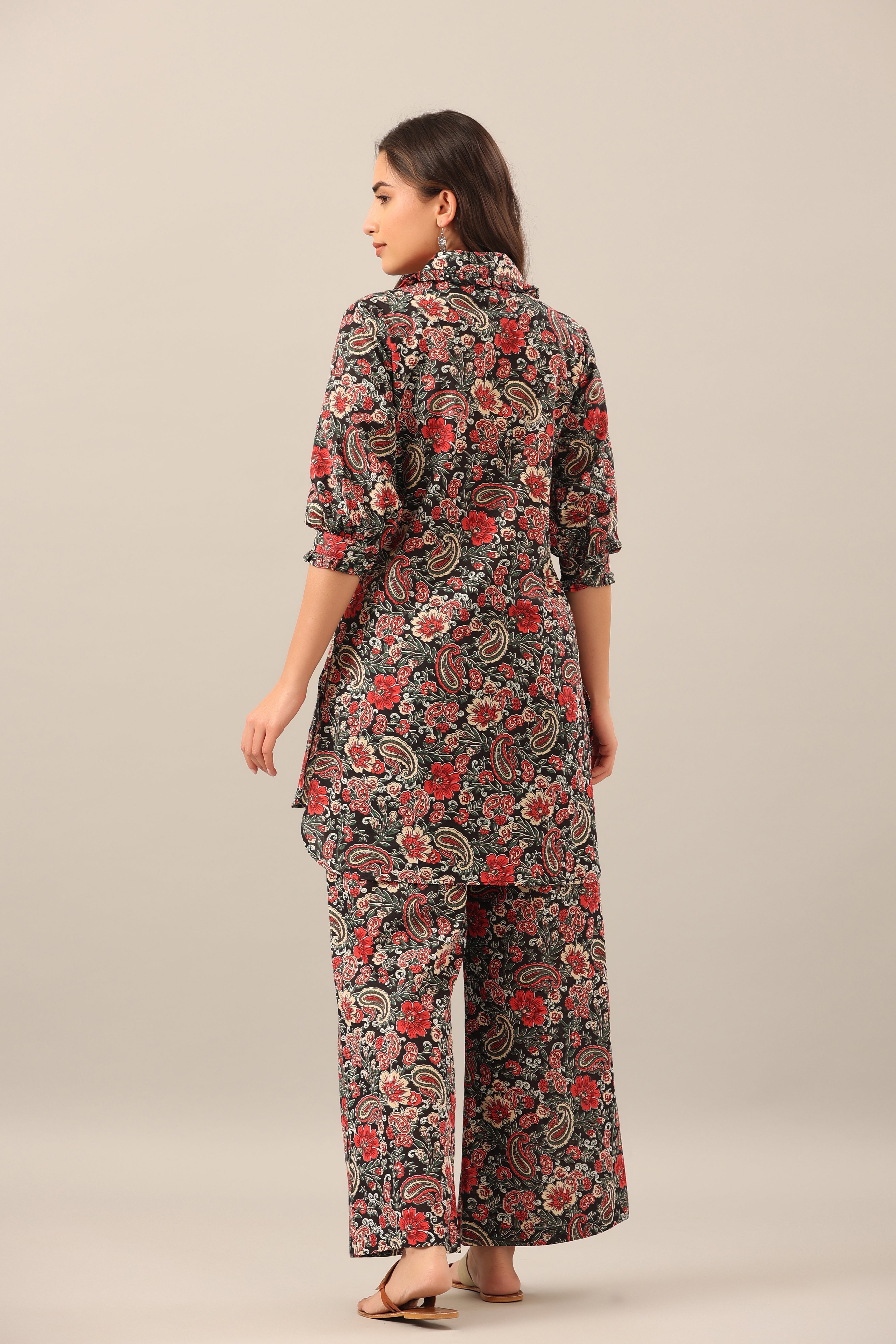 Paisley Park on Black Collared Smoked Sleeves Palazzo Loungewear Set