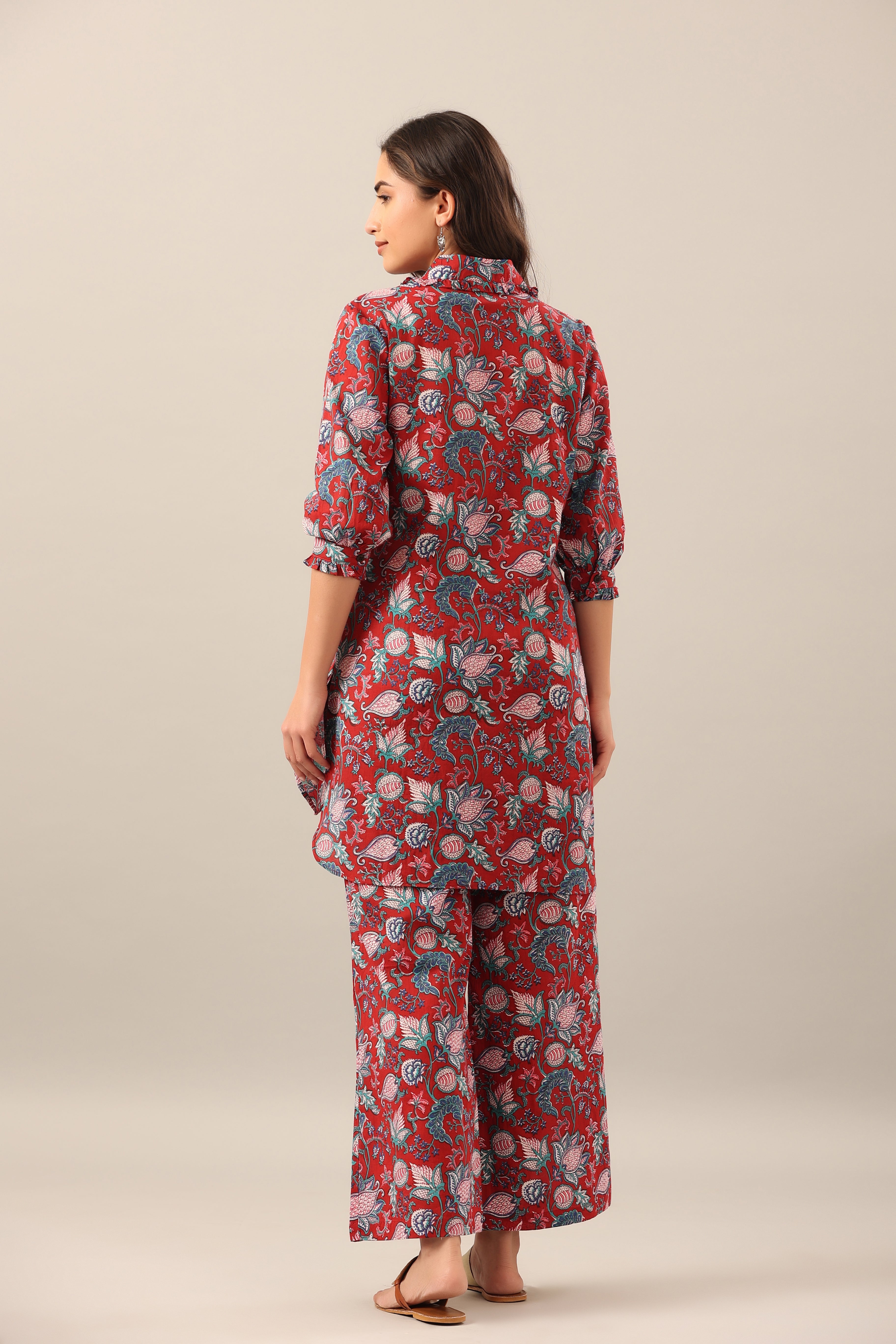 Floral Garden on Maroon Collared Smoked Sleeves Palazzo Loungewear Set