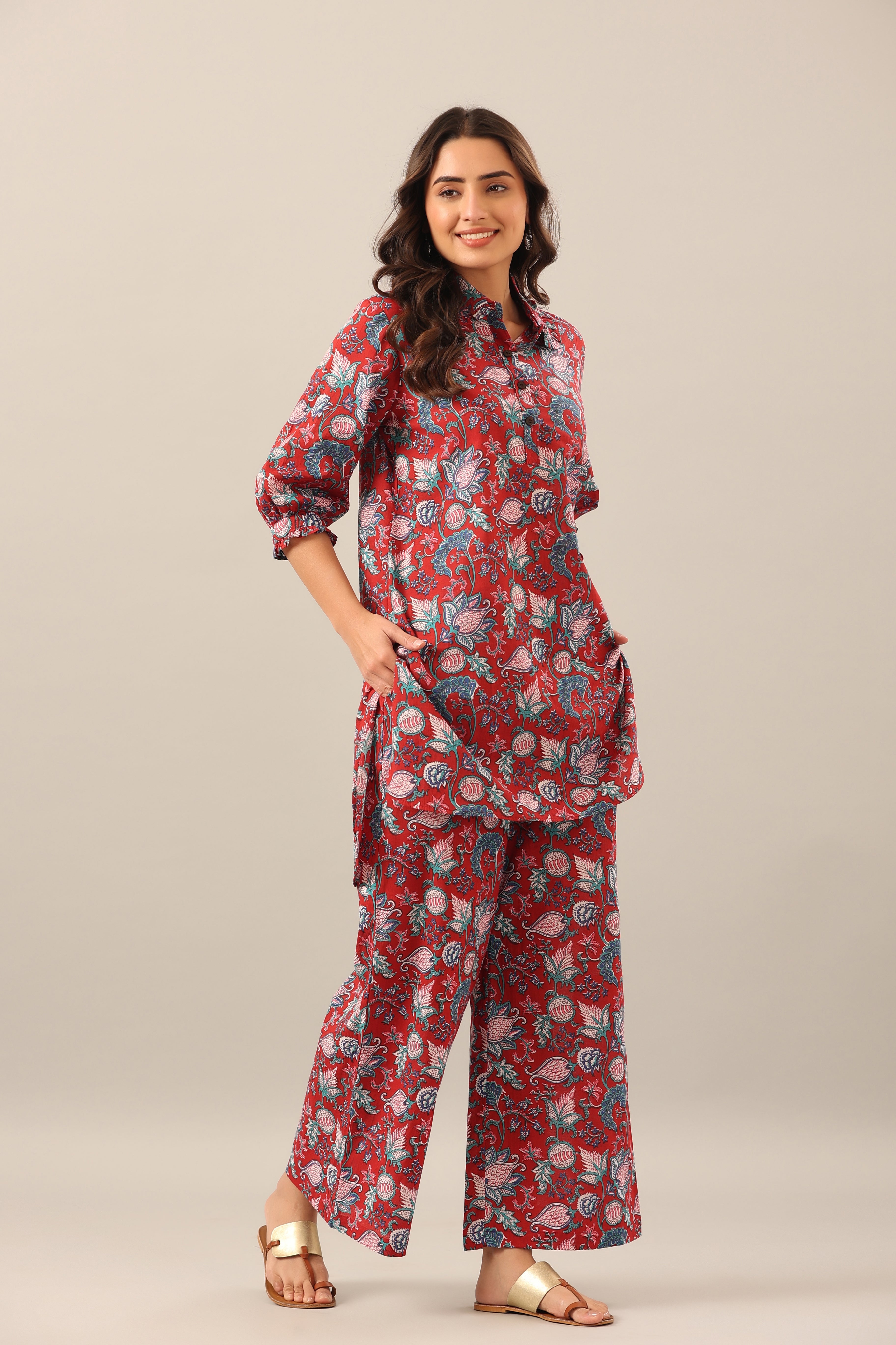 Floral Garden on Maroon Collared Smoked Sleeves Palazzo Loungewear Set