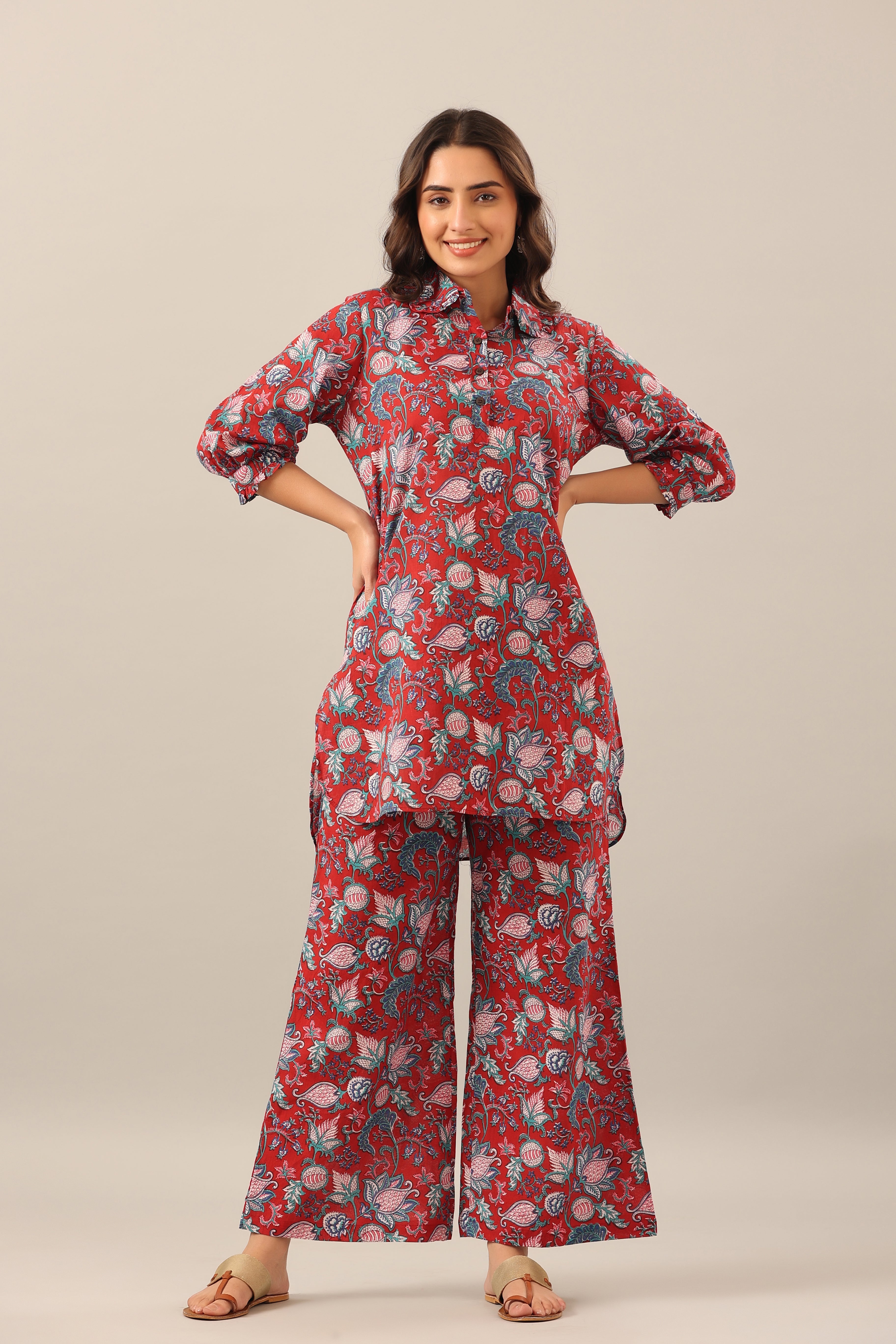 Floral Garden on Maroon Collared Smoked Sleeves Palazzo Loungewear Set