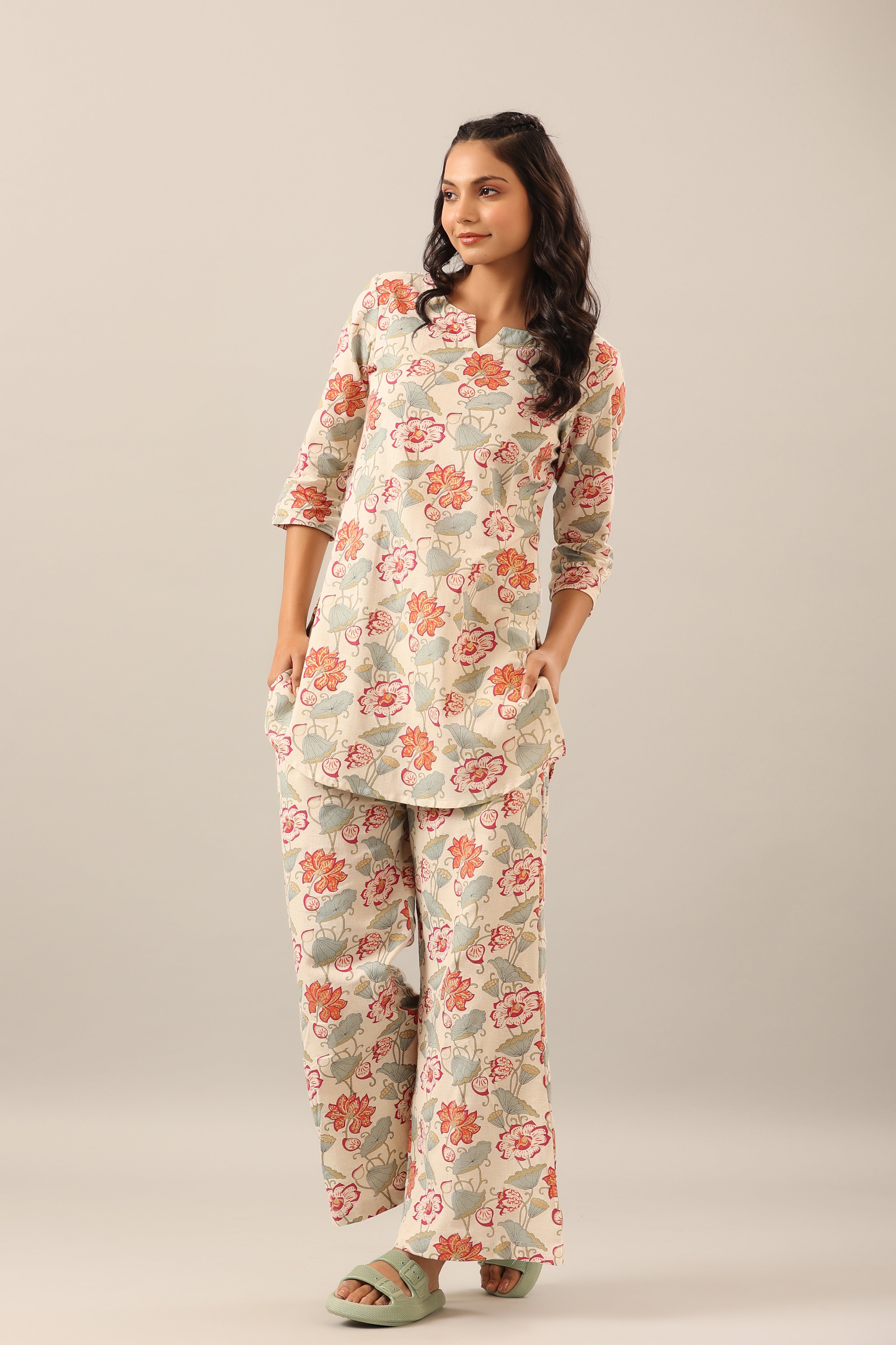 Sand Fleur on Cotton Cotton Flex Palazzo Loungewear Set