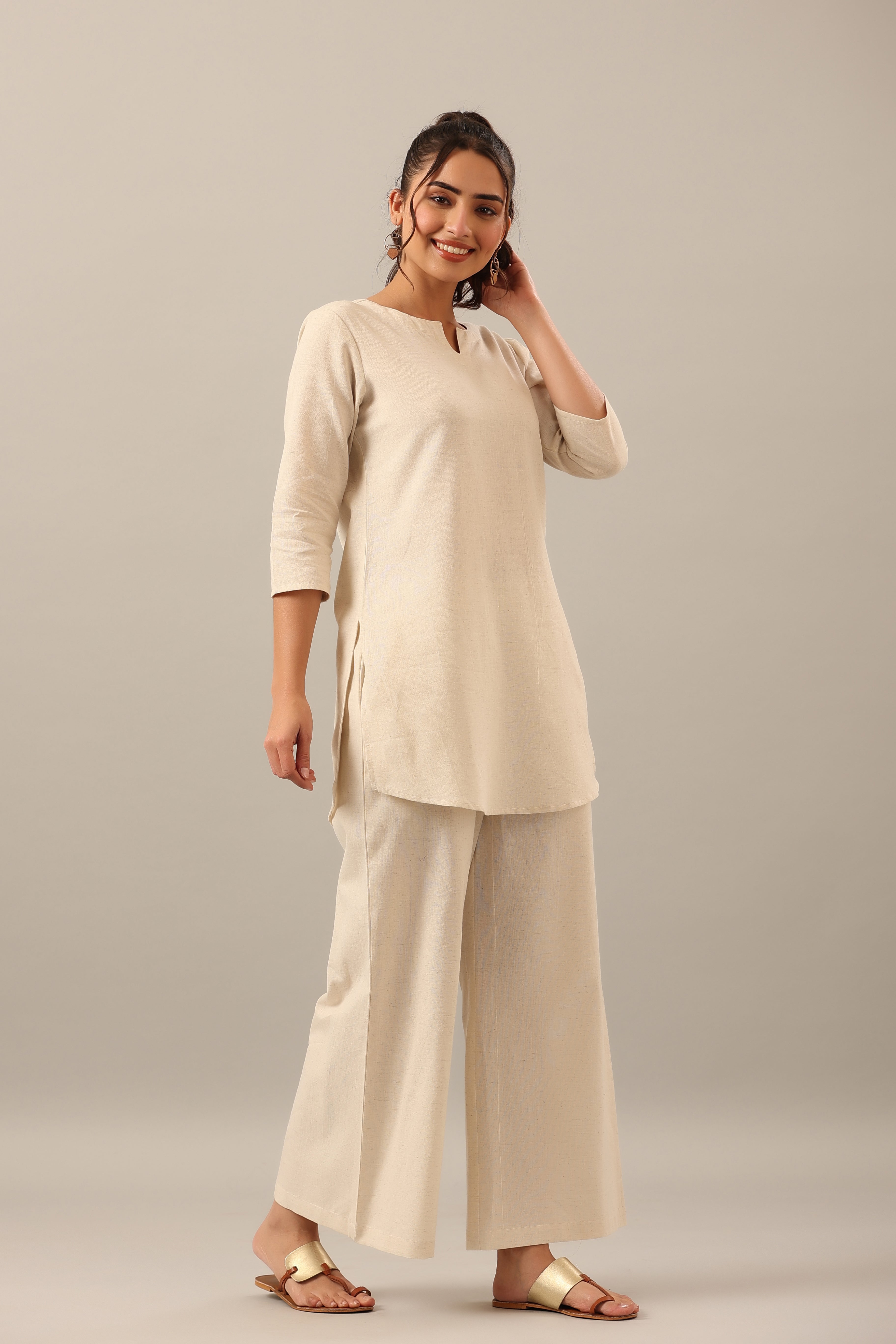 Solid Off White Cotton Flex Palazzo Loungewear Set